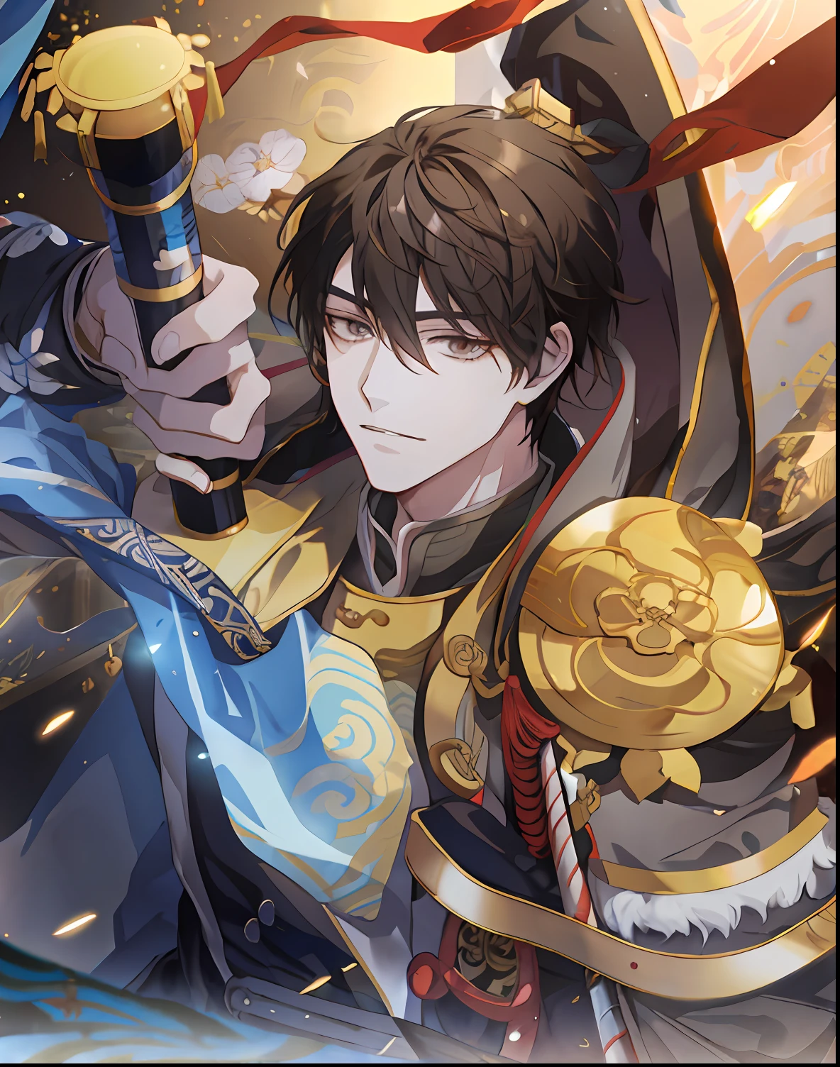 Anime characters holding swords and helmets in gold, Keqing from Genshin Impact, heise jinyao, zhongli from genshin impact, hijikata toushirou, hijikata toushirou of gintama, xianxia hero, onmyoji portrait, bian lian, Onmyoji detailed art, Inspired by Huang Shen