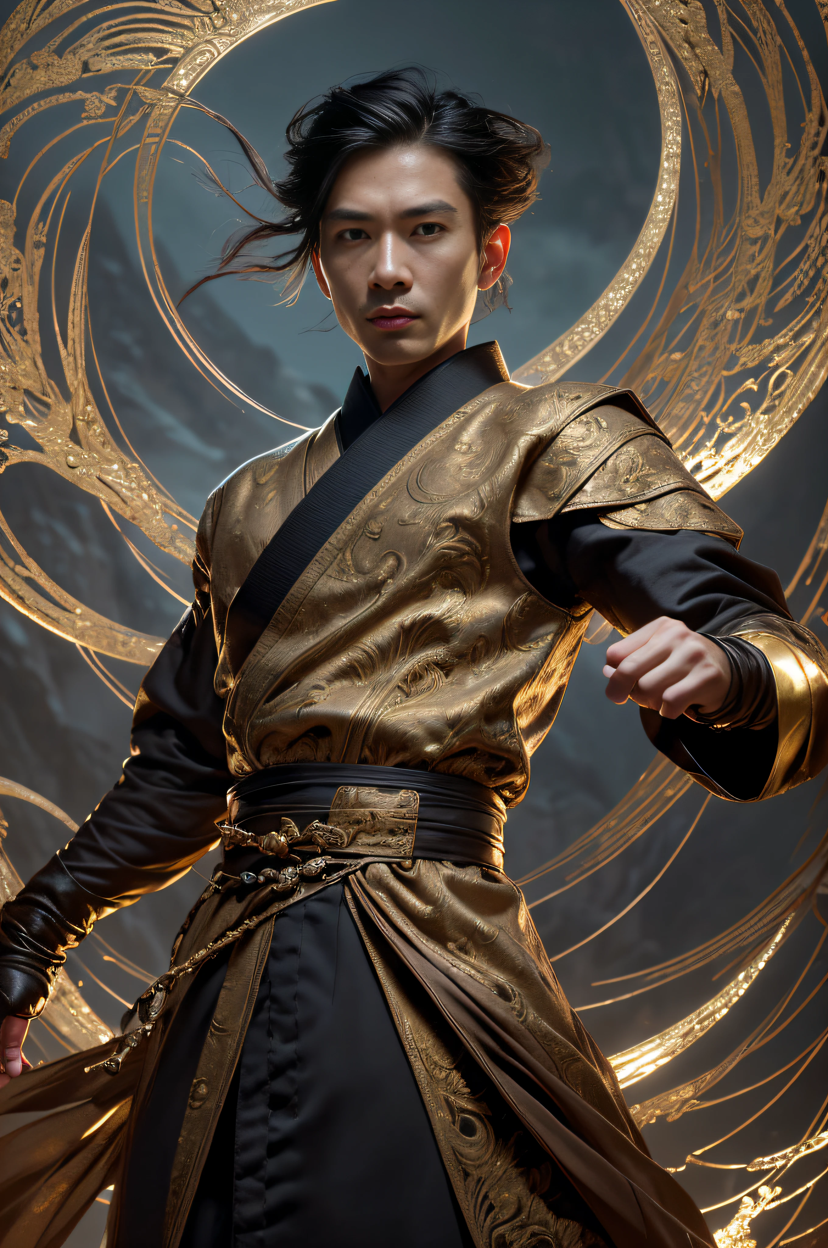 Best Quality, Masterpiece, Ultra High Resolution, (Realistic: 1.4), Xiuxian, Weapon, Detailed Face, .1 Boy, Solo, Weapon, , (Magic Circle: 1.2), Xiuxian, Upper Body, Sheath, (Absurd, High Resolution, Ultra Detailed), Asian, 1 male, eighteen-year-old boy, handsome, tall muscular man, broad shoulders, very short hair, bottom cut, dark brown eyes, fine eyes and detailed face, extremely detailed CG Unity 8k wallpaper, intricate details, (style swirl magic: 0.7), looking at the audience, solo, (full body: 0.6), detailed background, detailed face, hair fluttering in the wind, martial artist, dynamic pose, battle pose, clenched fist, fingerless gloves, wristband, dragon theme costume, monk robe, alpine mountain background, spinning floating particles, dynamic composition, hanfu, jinshan, jinshan background, jinshan background, jinshan mountain, golden water flowing