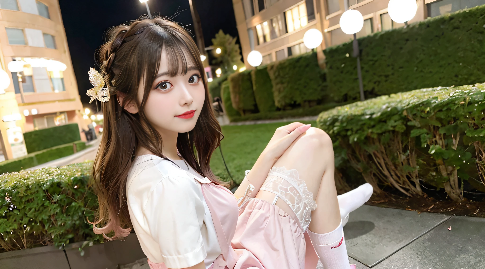 (8K,top-quality,tmasterpiece:1.2),(realisticlying,realisticlying:1.37),super detailing,one-girl,big breasts beautiful,adolable,(Nose Redness),(ssmile:1.15),(Mouth closed)The large,beautidful eyes,(long whitr hair:1.2),Floating Hair NovaFrogStyle,Golden ratio figure,Short skirt fluttering,Knee-length socks with a little pink ornament,Super detail legs,