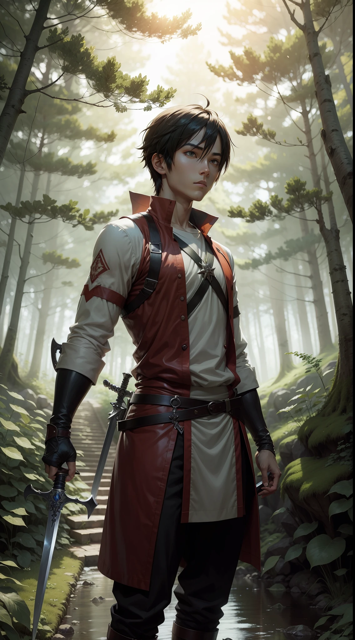 "Anime protagonist with a sword in a beautiful forest."