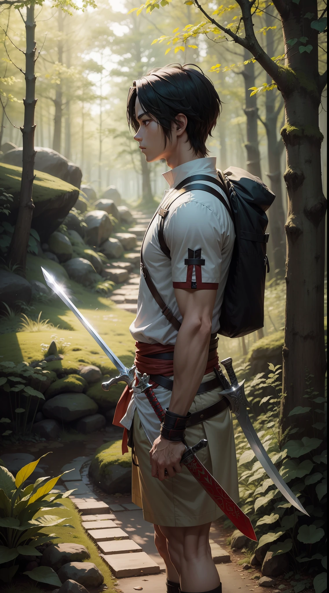"Anime protagonist with a sword in a beautiful forest."