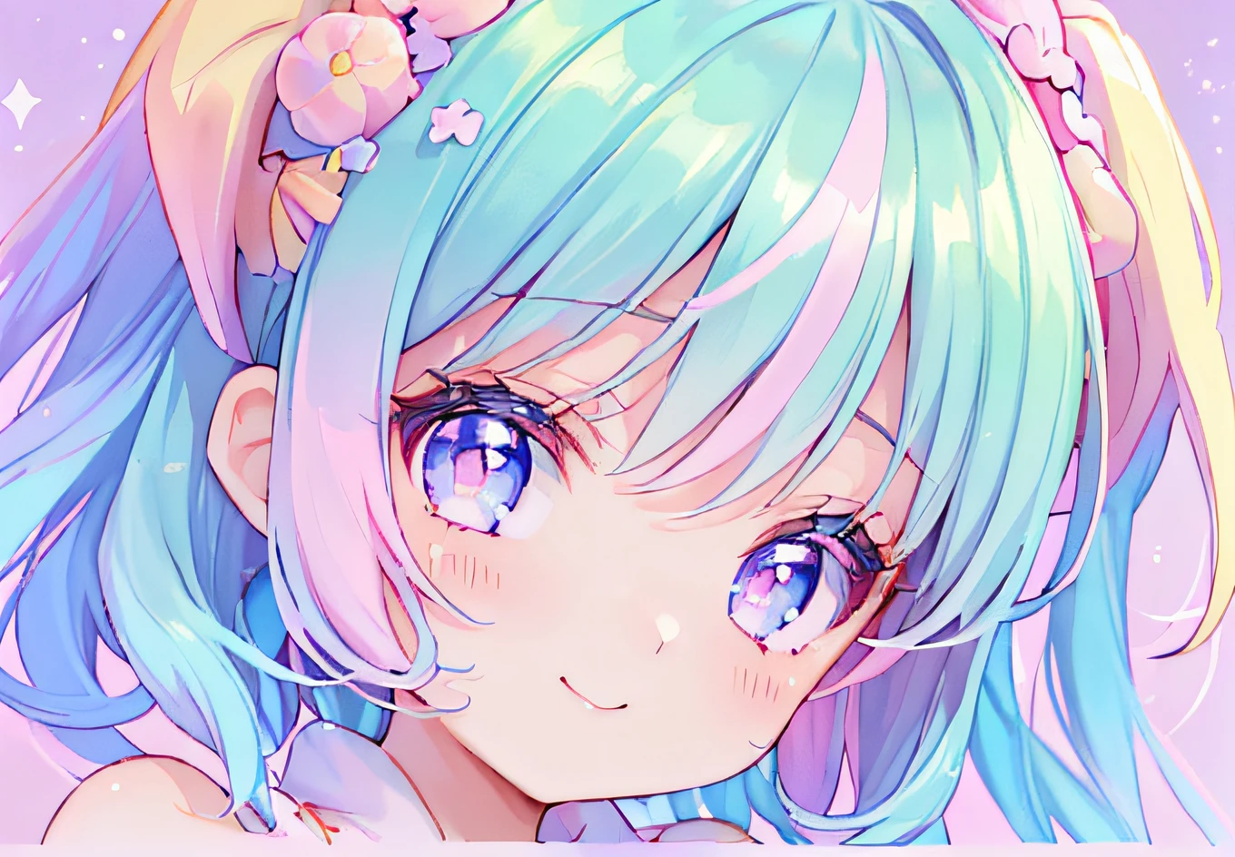 ((NSFW:1.2),masutepiece, (1girl in), Idol,Looks fun with a big smile, ((Close-up Face)), Big eyes, It seems that the eyes are shining、Kawaii Tech, kawaii, Cute, Pastel colors,Hair color is pastel、 (Best Quality), Happy,Mystical deep background of goldfish, Symmetrical, Head Tilted,The composition should exude sensuality and innocence、An ultra-high picture quality、Dynamic Angle