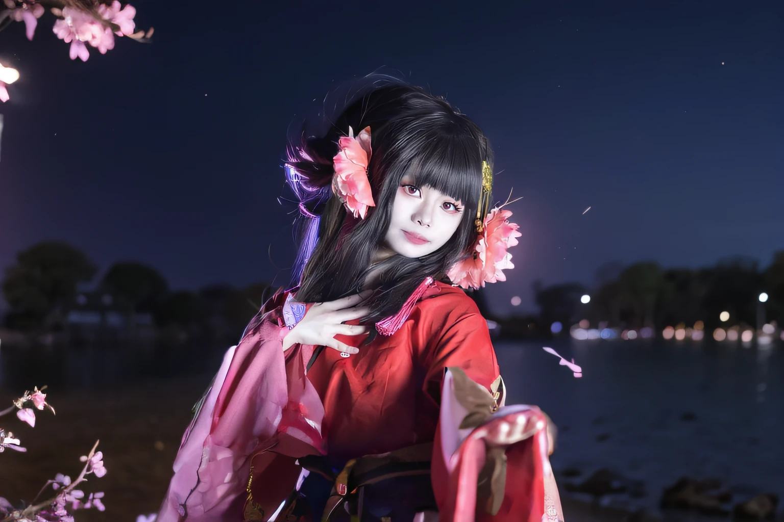 (Shoot from the back: 1.2), falling peach blossoms surround the girl. (Behind the girl is a big cherry tree shining at night: 1.3), the time is night, there are many stars at night, there are some fireflies, a girl, and the place is on an island by the sea.