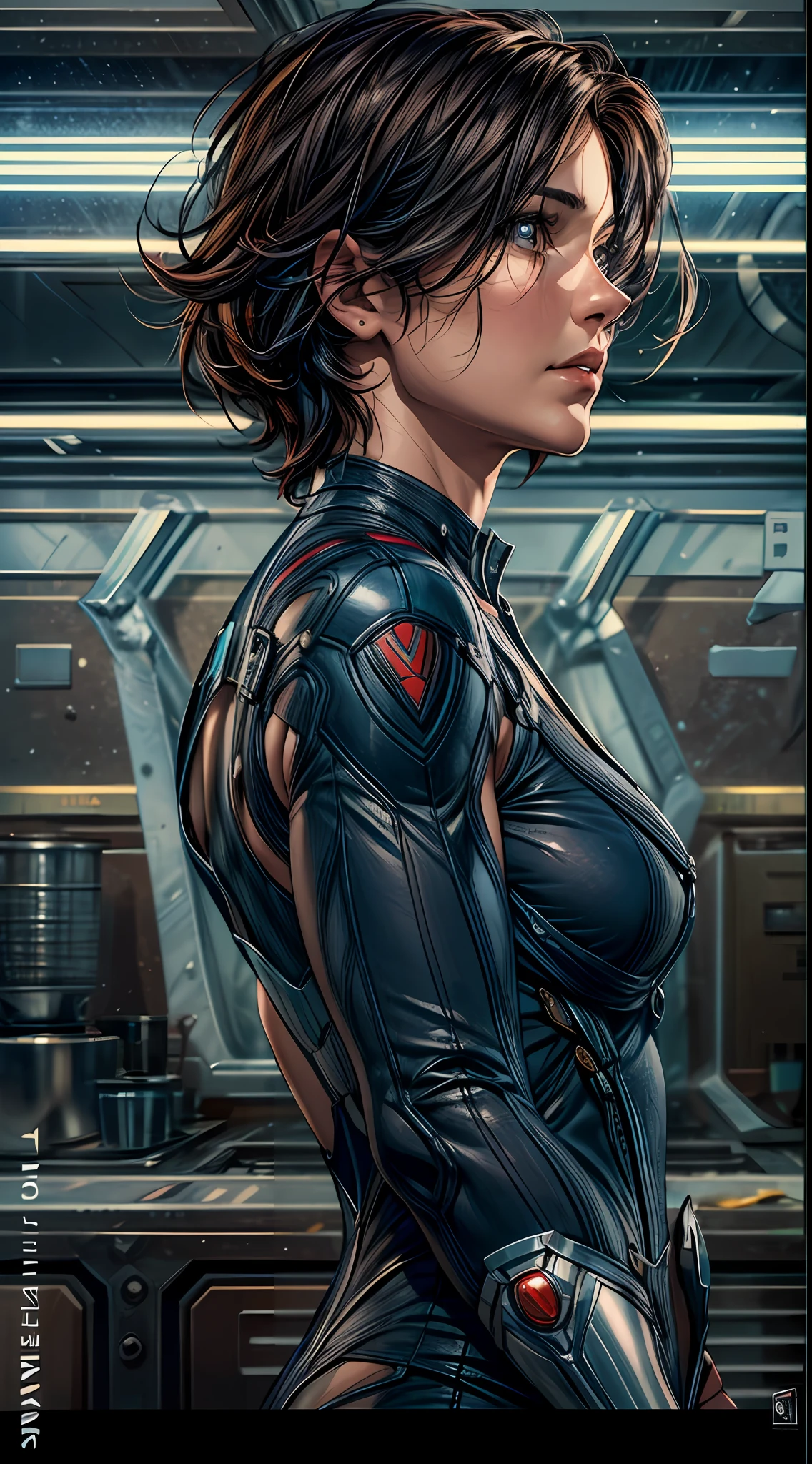 (RAW Photo, Best Quality), (Realistic, Photorealistic Photo: 1.3), Best Quality, Highly Detailed, Masterpiece, Ultra Detailed, Illustration, marvel cinematic universe, marvel, Cobie Smulders, beautiful Queen Maria Hill, add a little text on her suit "Divyansh Visuals", the skilled S.H.I.E.L.D. agent, poses with a commanding presence and unwavering determination, background should be epic, upper body, high detail on dress, Best Quality, Extremely Detailed CG Unified 8k Wallpaper, Ink, Amazing, badass look, portrait, close up (skin texture), intricately detailed, fine details, hyperdetailed.