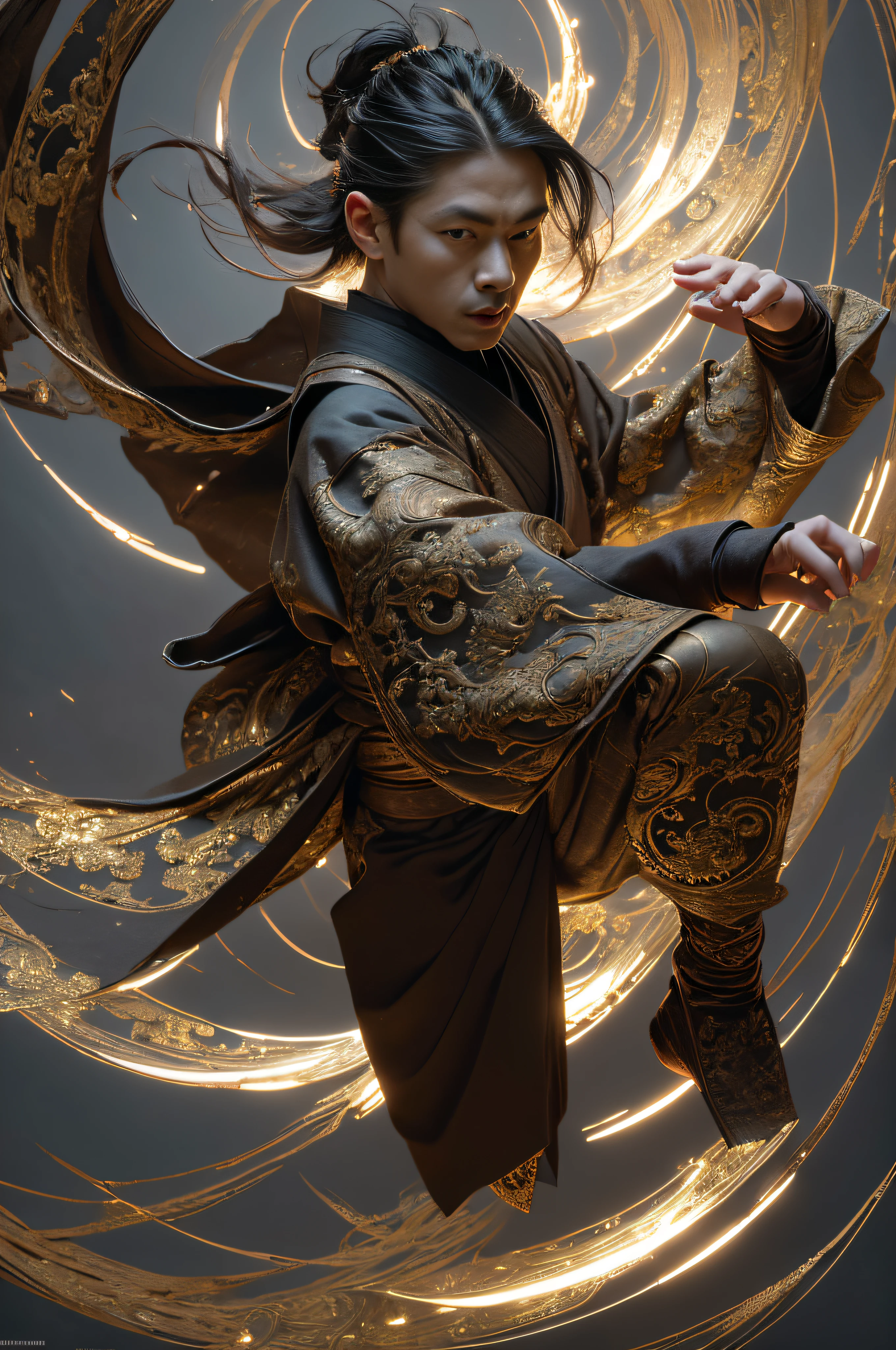 Best Quality, Masterpiece, Ultra High Resolution, (Realistic: 1.4), Xiuxian, Weapon, Detailed Face, .1 Boy, Solo, Weapon, , (Magic Circle: 1.2), Xiuxian, Upper Body, Sheath, (Absurd, High Resolution, Ultra Detailed), Asian, 1 male, eighteen-year-old boy, handsome, tall muscular man, broad shoulders, very short hair, bottom cut, dark brown eyes, fine eyes and detailed face, extremely detailed CG Unity 8k wallpaper, intricate details, (style swirl magic: 0.7), looking at the audience, solo, (full body: 0.6), detailed background, detailed face, hair fluttering in the wind, martial artist, dynamic pose, battle pose, clenched fist, fingerless gloves, wristband, dragon theme costume, monk robe, alpine mountain background, spinning floating particles, dynamic composition, hanfu, jinshan, jinshan background, jinshan background, jinshan mountain, golden water flowing