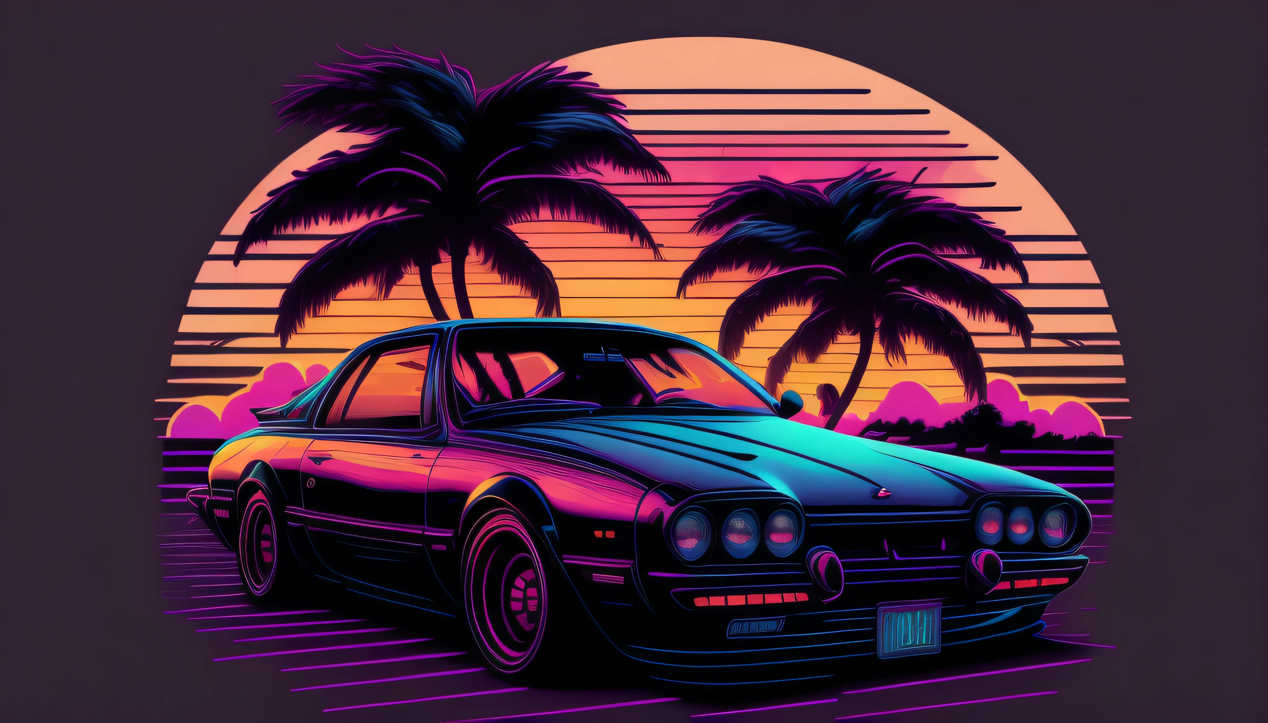 an old classic sports car in front of the sunset, vaporwave style, neon style, smooth lines, vector sticker art, vector core, intricate details, black t-shirt design, 8k