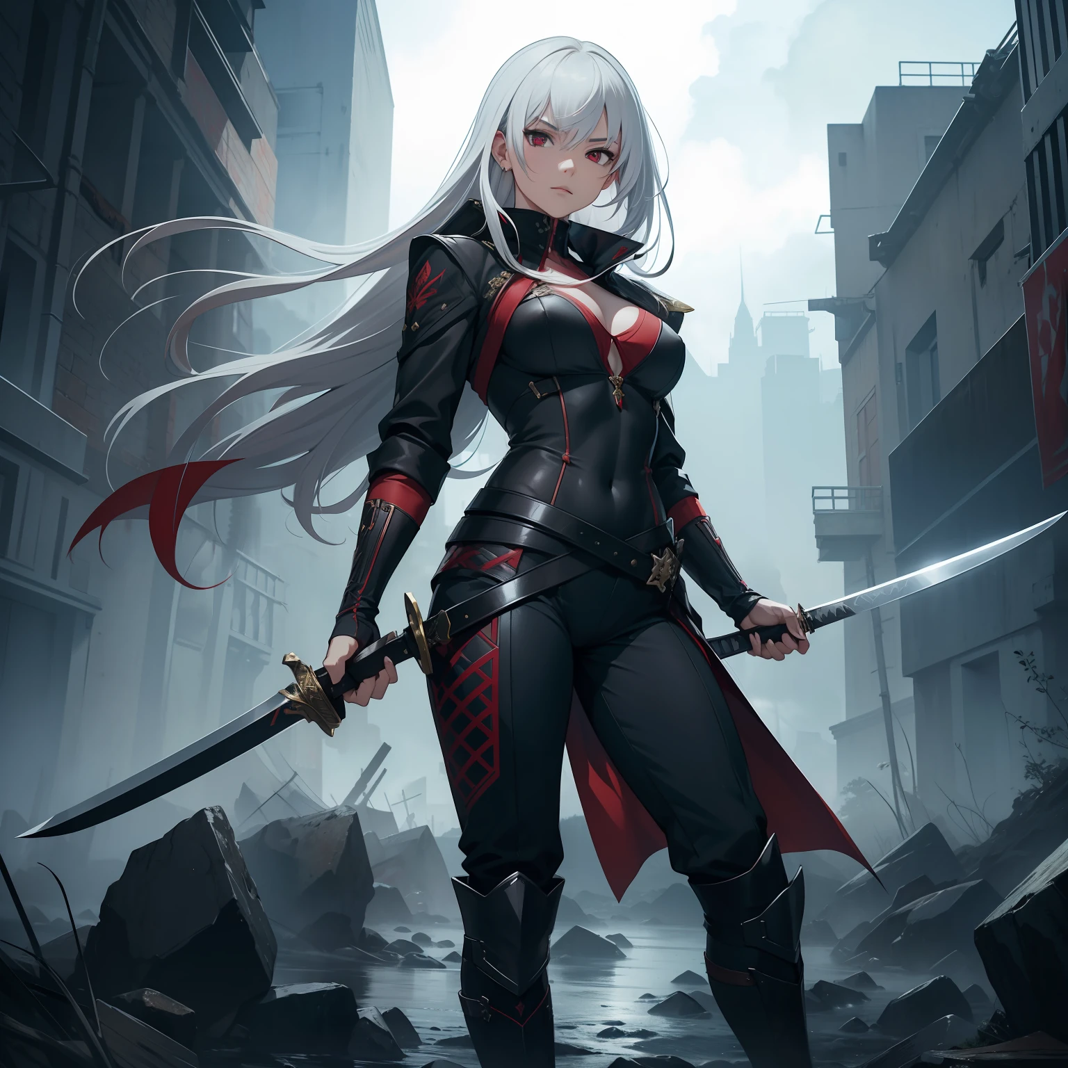 (masterpiece, best quality, ultra detailed, 8k resolution, photorealistic, cinematic, full body view), assassin, mask, red hair, perfect anatomy, nice hands, perfect eyes, detailed eyes, sharingan eyes, sleek and form-fitting black costume with strategic gold accents, black combat boots, holding two swords and in a stormy atmosphere, weapon, 1boy, sword, male focus, holding, holding weapon, holding sword, sheath, white hair, solo, katana, looking at viewer