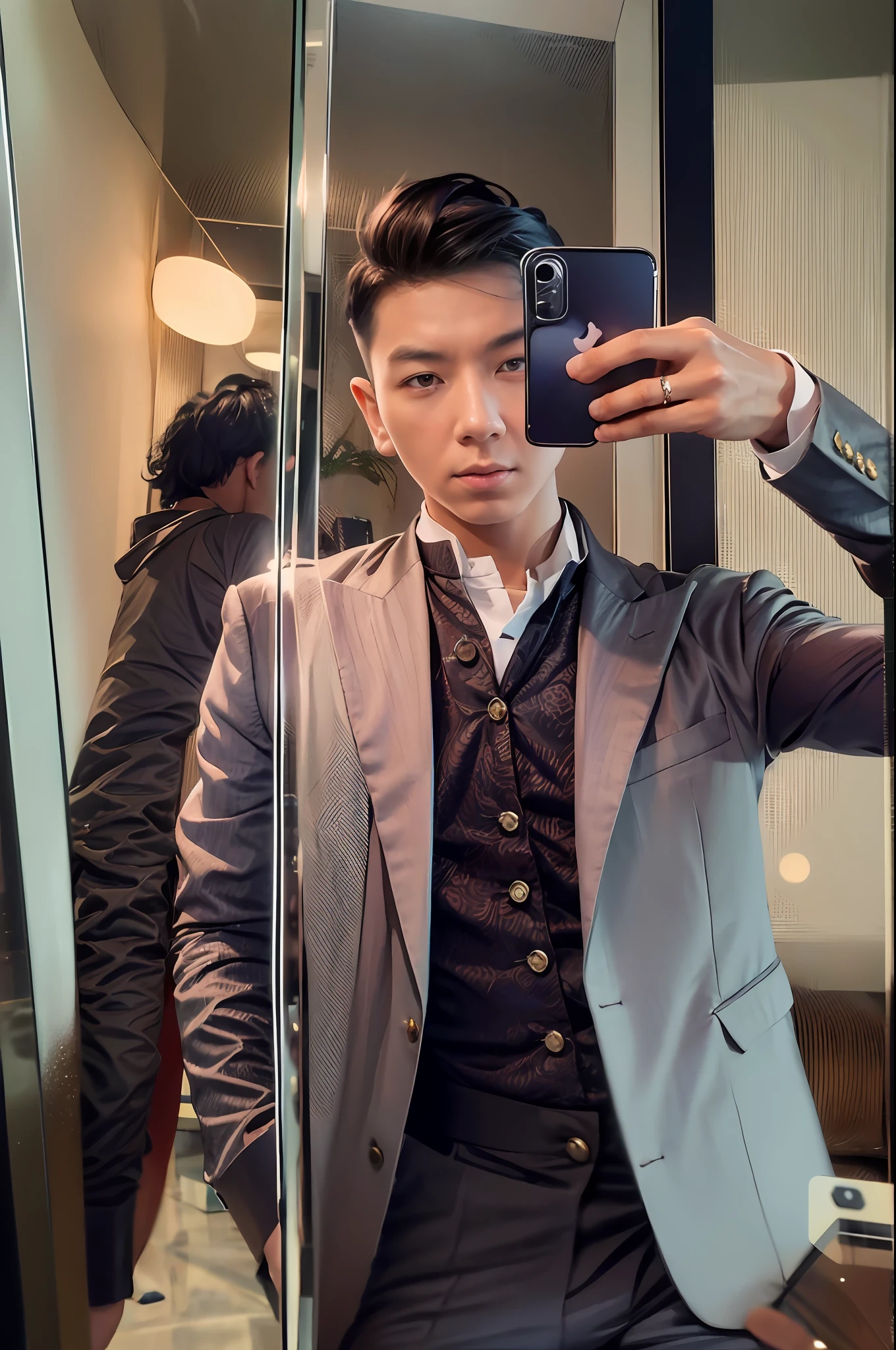 "An Asian gentleman with a stylish suit and a modern hairstyle, confidently posing in front of a mirror, capturing a selfie with the latest iPhone 14 model."