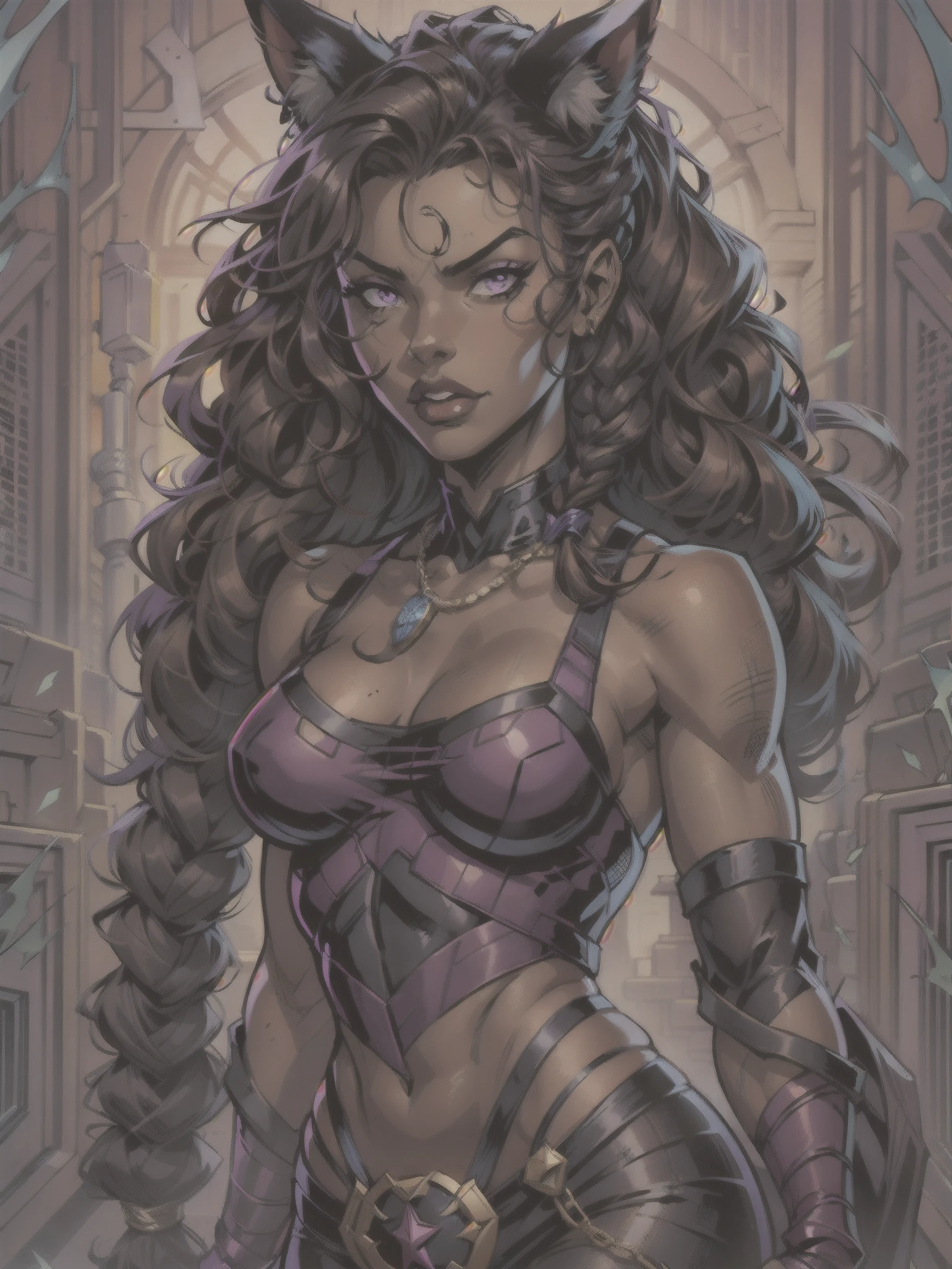 Masterpiece, Excellent, 1girl, solo, complex details, color diffusion, comic book, anime, marvel, DC, catgirl, dark skin, ebony, brown skin, dark-skinned female, thighs, cat ears, dark hair, black hair, braids, dreadlocks, braided hair, purple eyes, skimpy attire, epic attire, assassin, badass, deadly but sexy, trending, demon, goddess, Super Villain