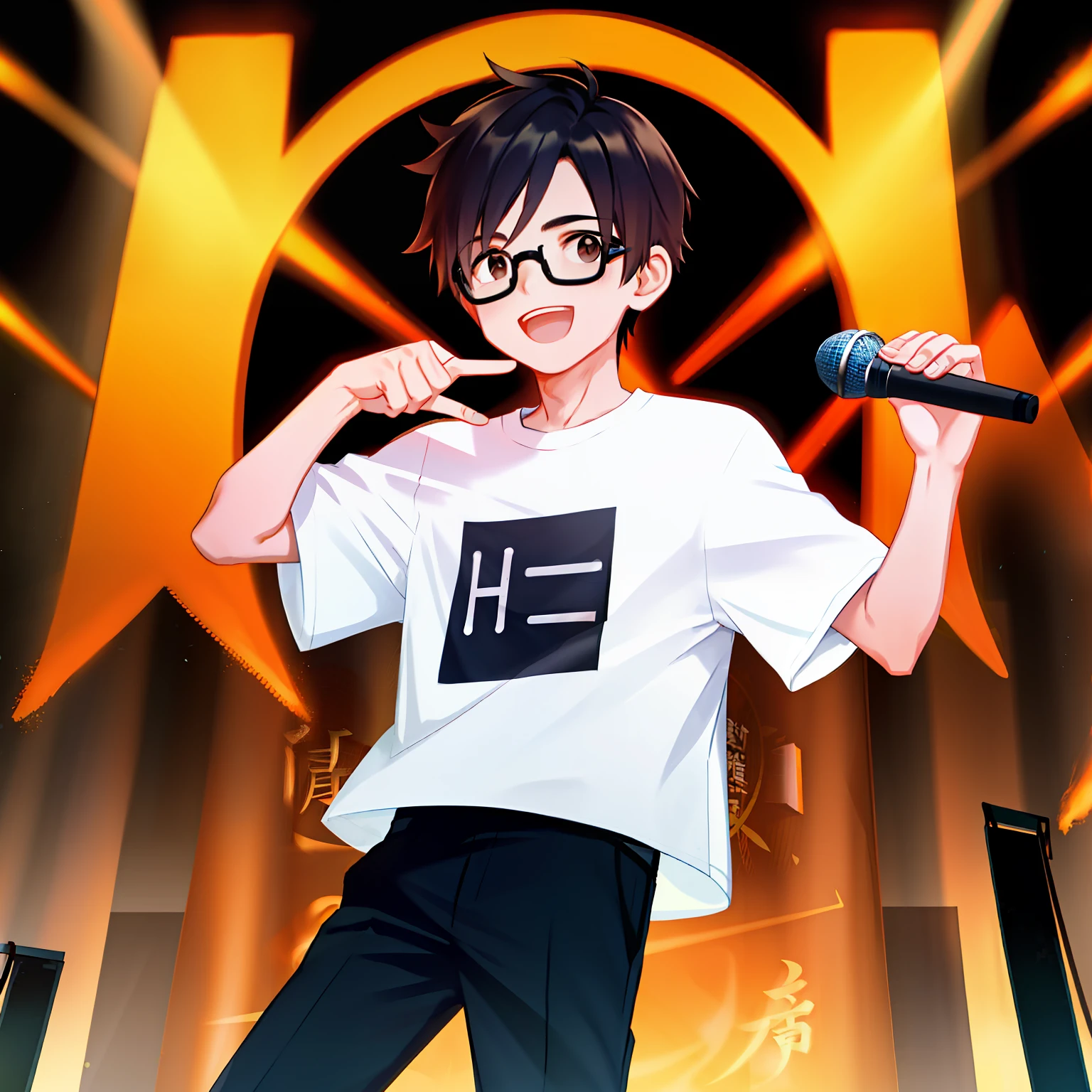 A boy holds a microphone in square half-rimmed glasses on a stage filled with flames, Wear a T-shirt with Chinese characters printed on it