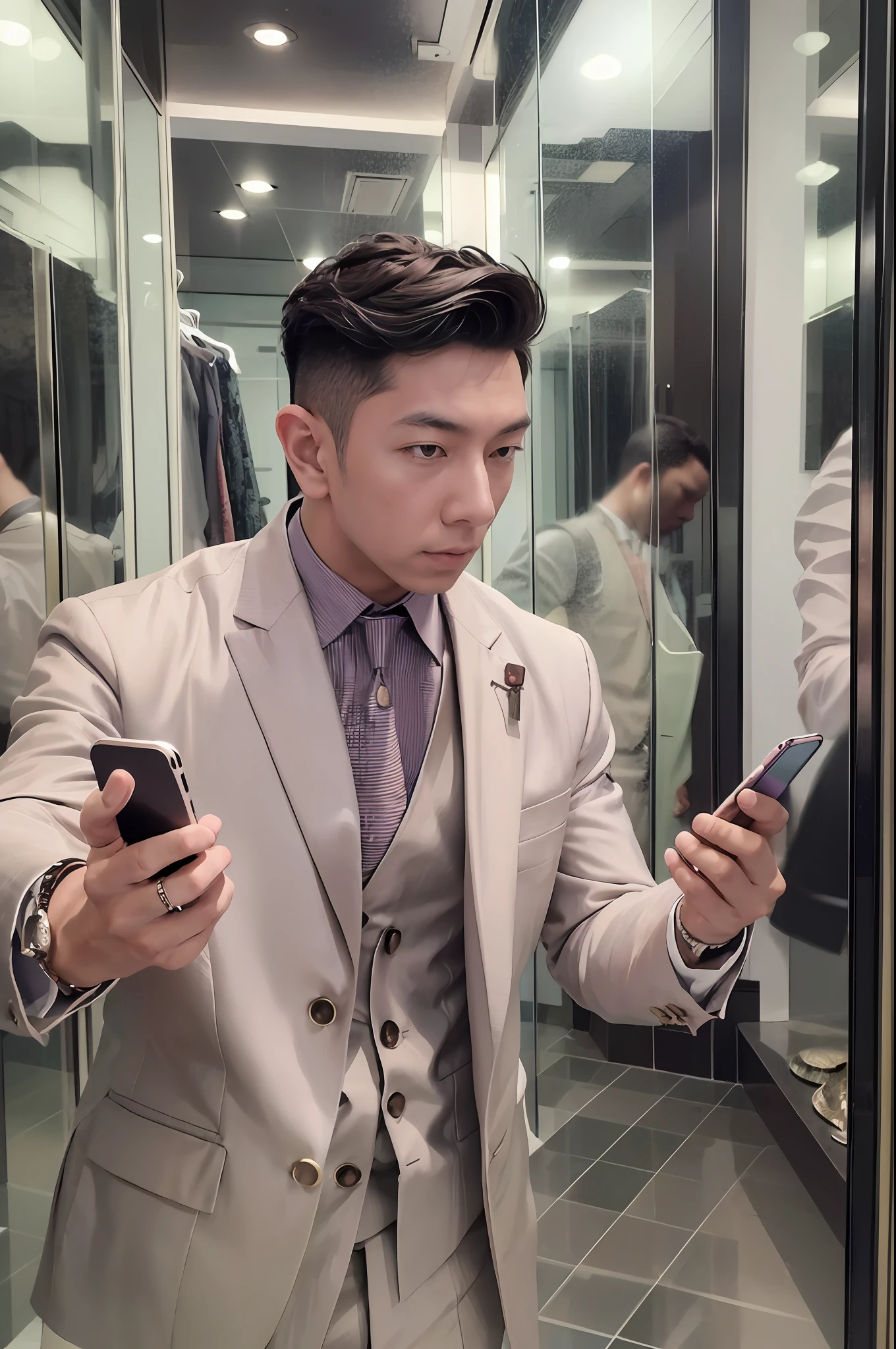 "An Asian gentleman with a stylish suit and a modern hairstyle, confidently posing in front of a mirror, capturing a selfie with the latest iPhone 14 model."