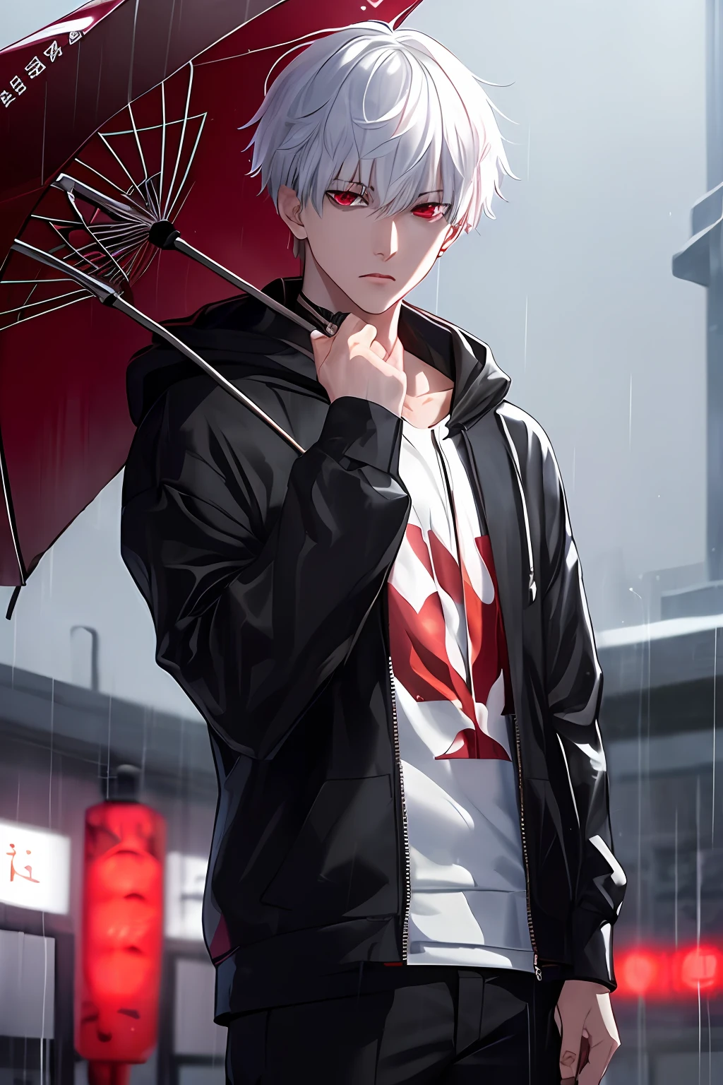 kk, best quality, more details, masterpiece, 1boy, kaneki ken, portrait, male focus, red eyes, solo, bangs, looking at viewer, hood, short hair, rain, tokyo tokyo \(city\), hood up, nail polish, white hair, luxurious, 8k, detailed, ray tracing, depth of field, cinematic lighting,