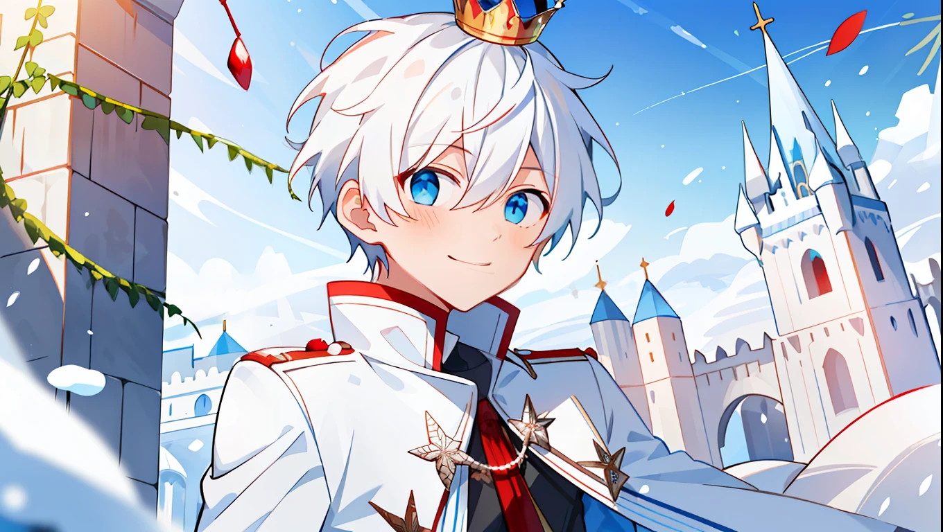 (high-quality, breathtaking),(expressive eyes, perfect face), 1boy, solo, short, young boy, short hair, white hair, blue eyes, smiling, white snow prince outfit wear short shorts, ice castle, snow, crown, frost, red roses, vines, hold one red apple,