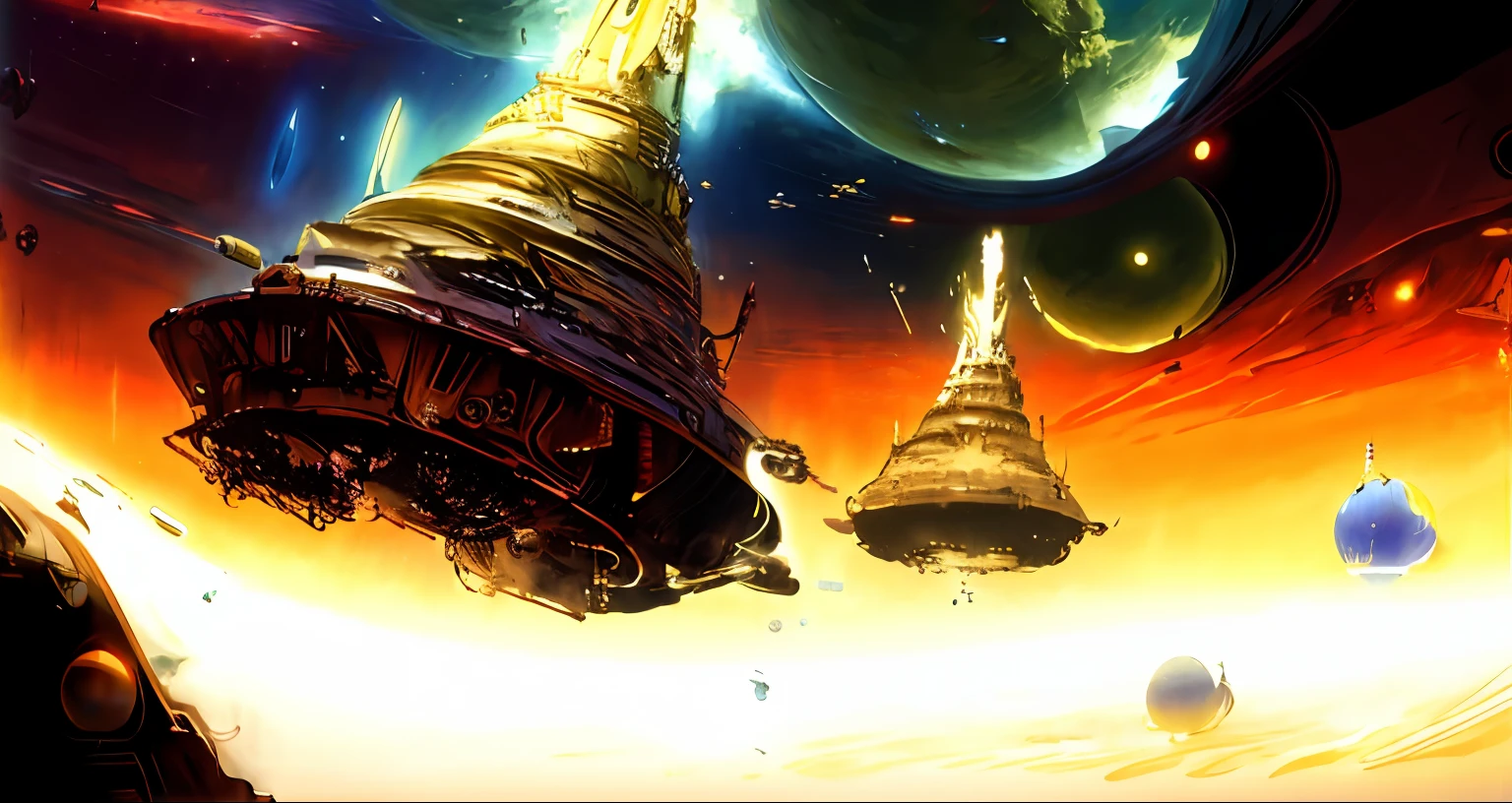 spaceships flying through a space filled with planets and stars, Arte da Biblioteca Espacial Borne, pintura de nave espacial ornamentada, alien space ships, Paul Lehr e Beeple, sci-fi fantasy wallpaper, arte conceitual No Man Sky, Greg Beeple, inspirado em Paul Lehr, epic scifi fantasy art, Sci-Fi Steampunk colorido