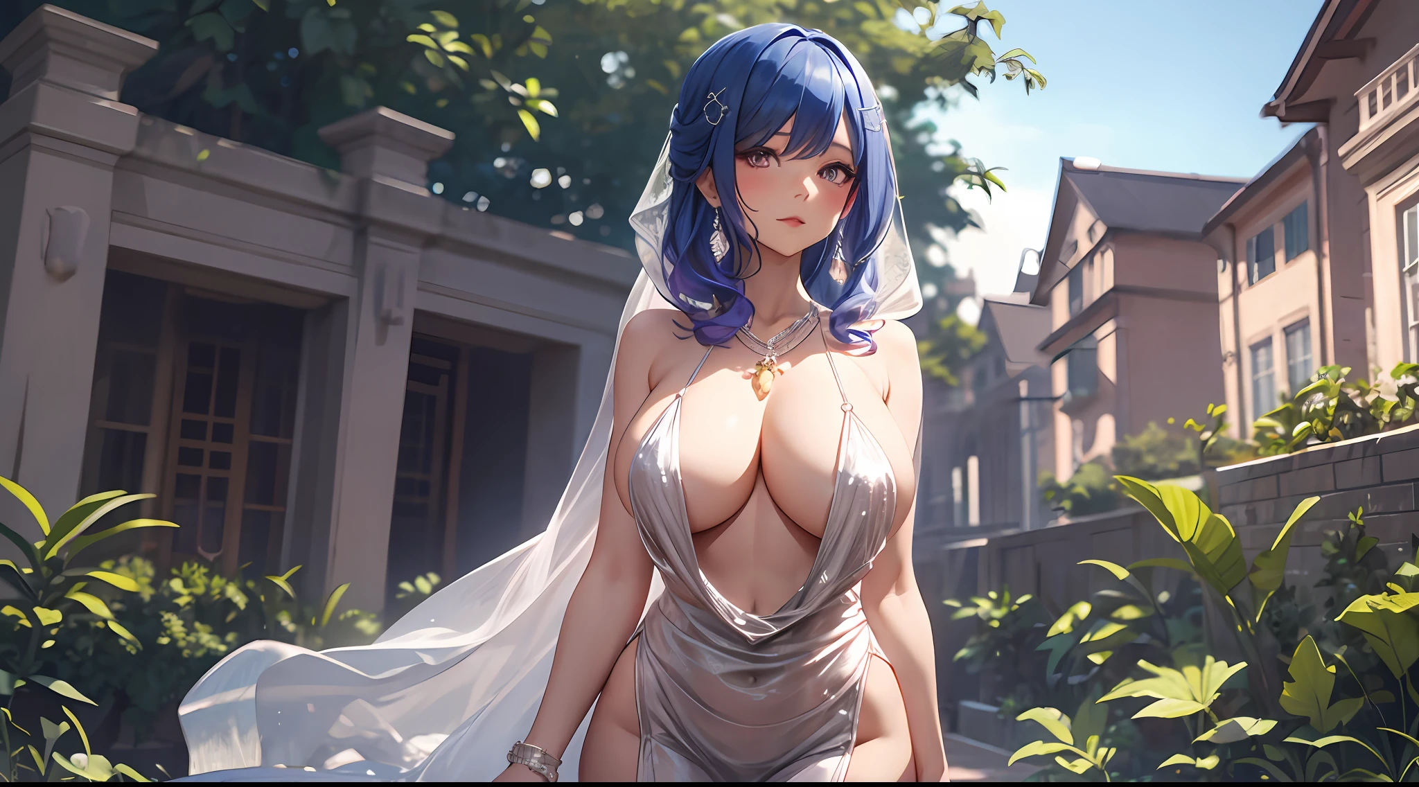 Two women in white dresses and veils posing in the garden, sexy gown, Wearing sexy lingerie, Sexy girl, revealing outfit, beautiful female bodies, intricate body, Open V chest clothes, smooth white tight clothes suit, laced lingerie, Translucent body, Japanese goddess, Sexy body, offcial dress, full covered dress, Sexy :8, Lingerie, opened dress,huge tit,Blush,