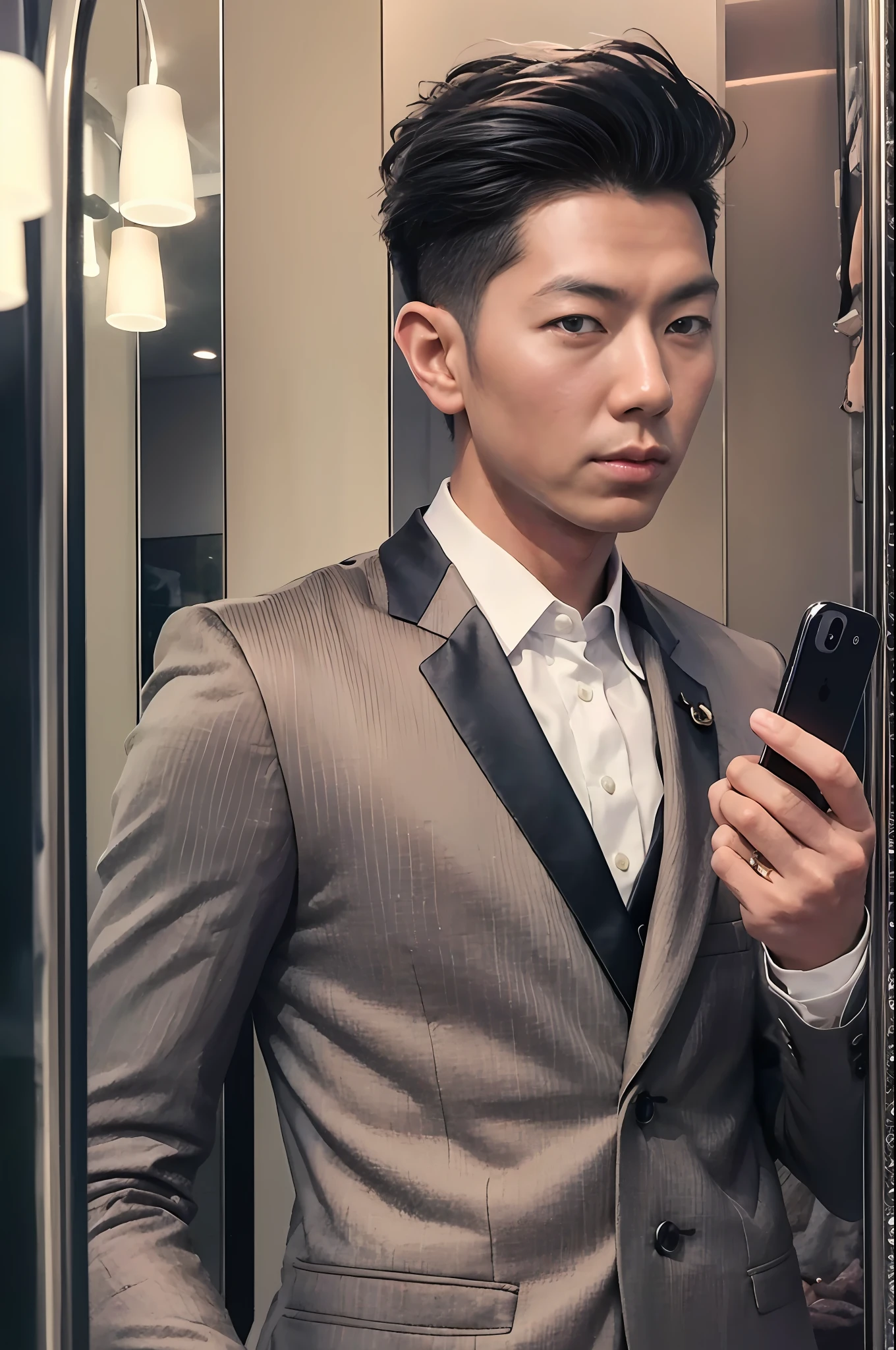 "An Asian gentleman with a stylish suit and a modern hairstyle, confidently posing in front of a mirror, capturing a selfie with the latest iPhone model."