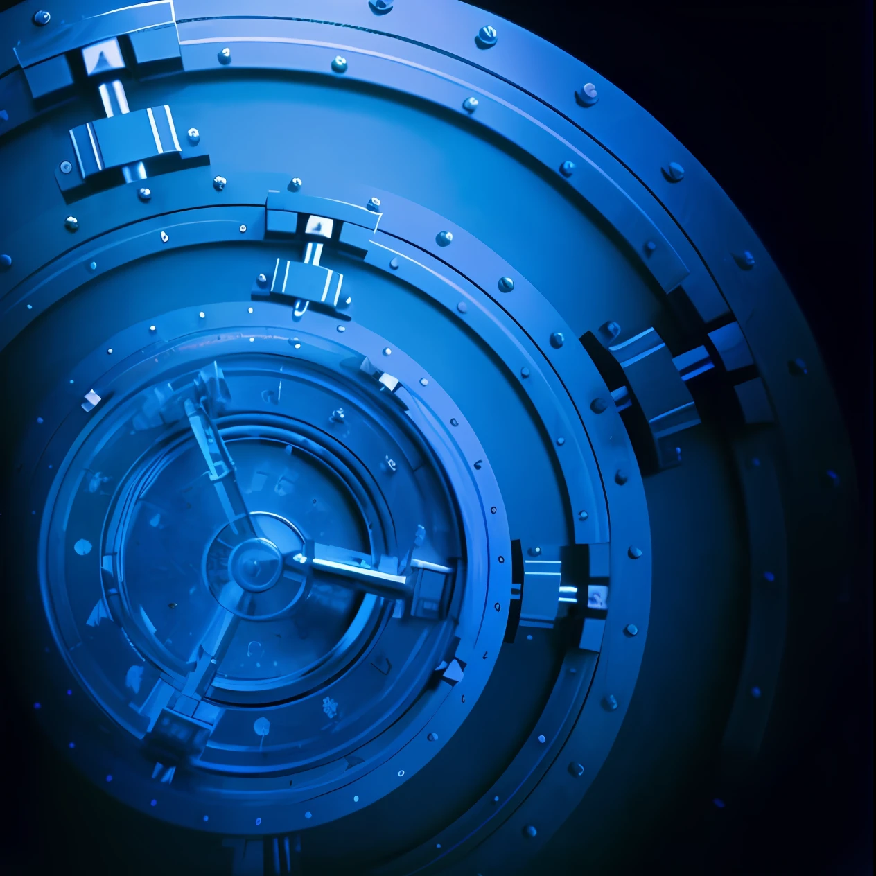 Close up of large metal bank vault with clock, open bank vault, Vault, Open the vault, giant crypto vault, set in bank vault room, blockchain vault, set in cyberpunk bank vault, Everything is in a circle, All in a circle, blue circular hologram, Lock, round doors, close up portrait shot, key hole on blue ball