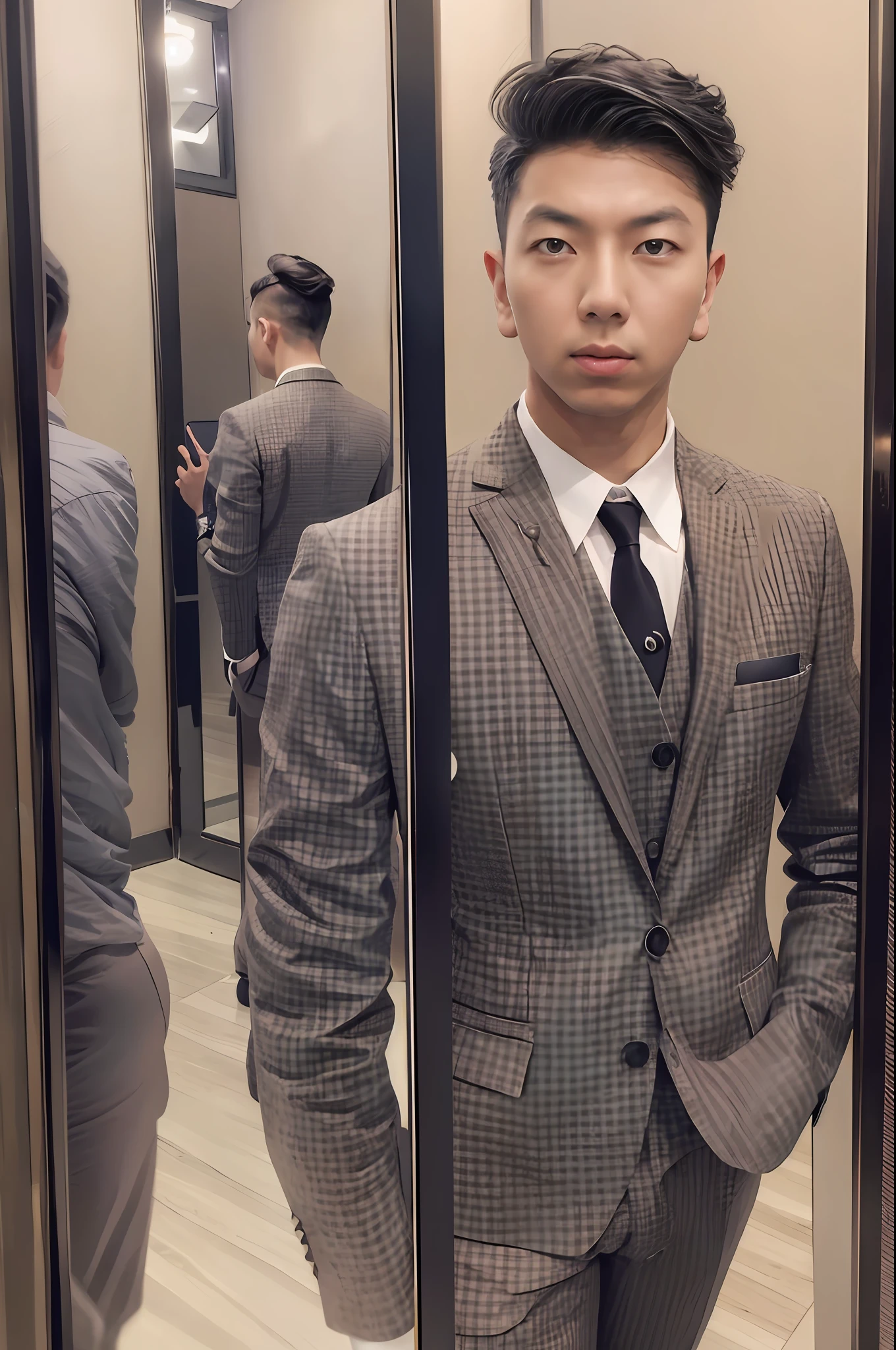 "An Asian gentleman with a stylish suit and a modern hairstyle, confidently posing in front of a mirror, capturing a selfie with the latest iPhone model."