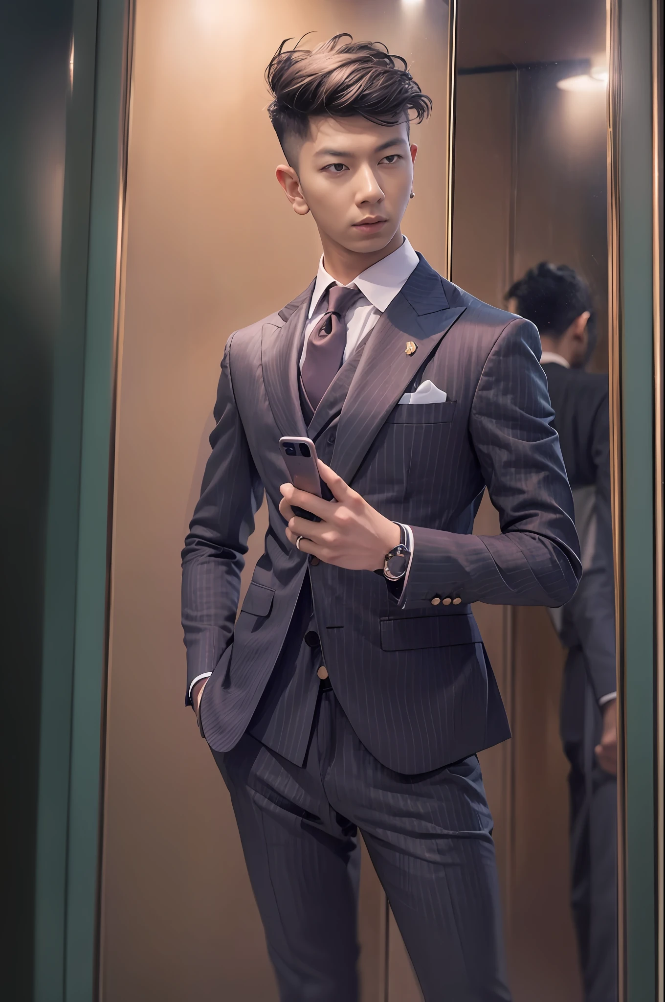 "An Asian gentleman with a stylish suit and a modern hairstyle, confidently posing in front of a mirror, capturing a selfie with the latest iPhone model."