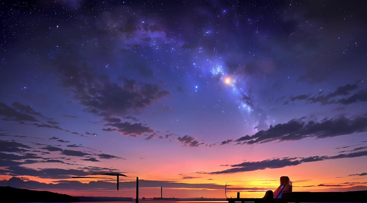 An orange sunset illuminates the sparkling lake，The neon lights of the city shimmer brilliantly。