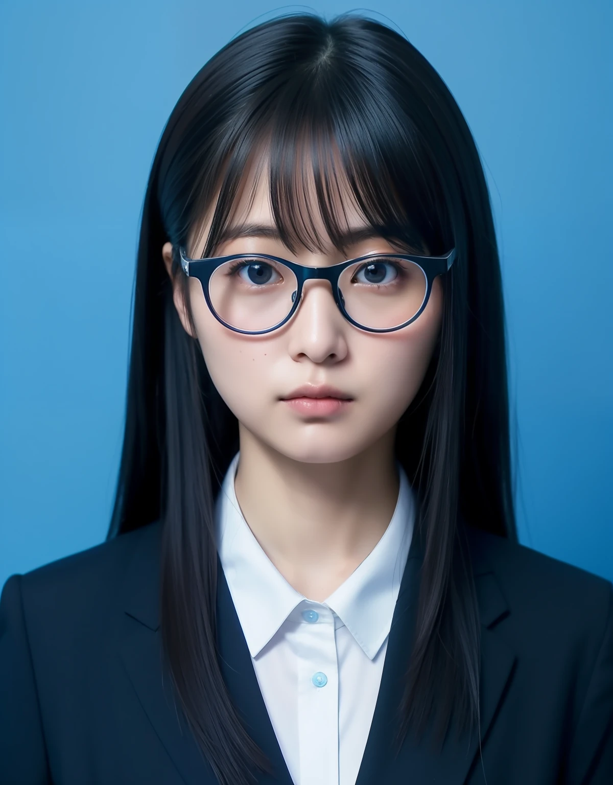 japanes、28 year old、femele、Wearing a black recruit suit、semi long hair、Straight-down bangs、No makeup、Looks faint-hearted、light skinned、Solid blue background、ID photo、Wearing glasses