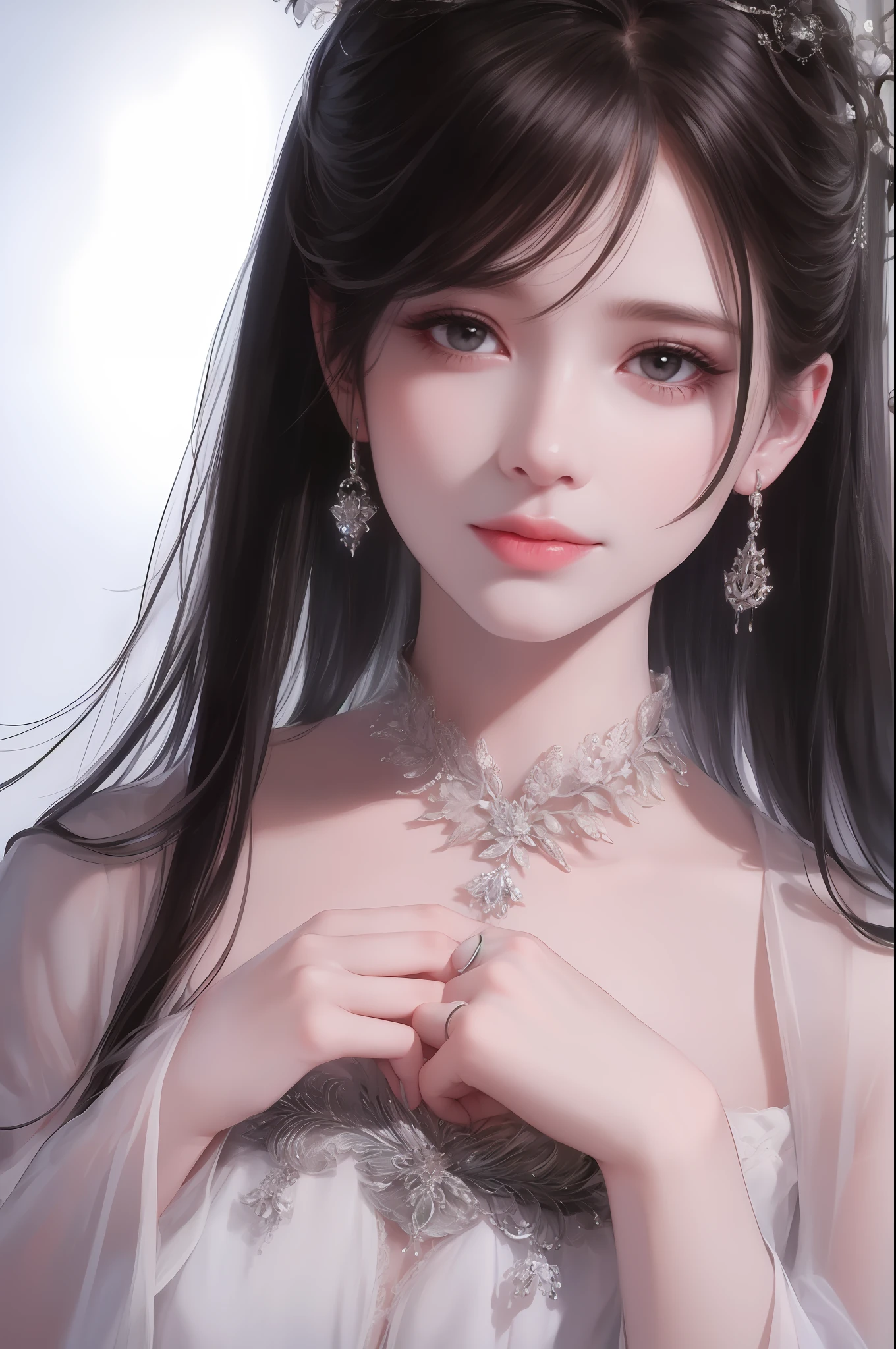 Masterpiece,Best quality,Ultra-detailed,8K,Detailed light,detailed shadow,primitive, (Detailed skin),(Realistic:1.2),
1girll,face,
Pilyeon, Black nails, jewelry, Long hair, view the viewer, choker necklace, necklace,Piercing, White background, Heart, Closed mouth, With gray eyes, nail polish, Simple background, Black hair, Ear piercing, Black necklace, Smile, eyeslashes, Lips, hand on own cheek, bangs, Bracelet, Beads, Pedras preciosas, Earrings, finger nails
