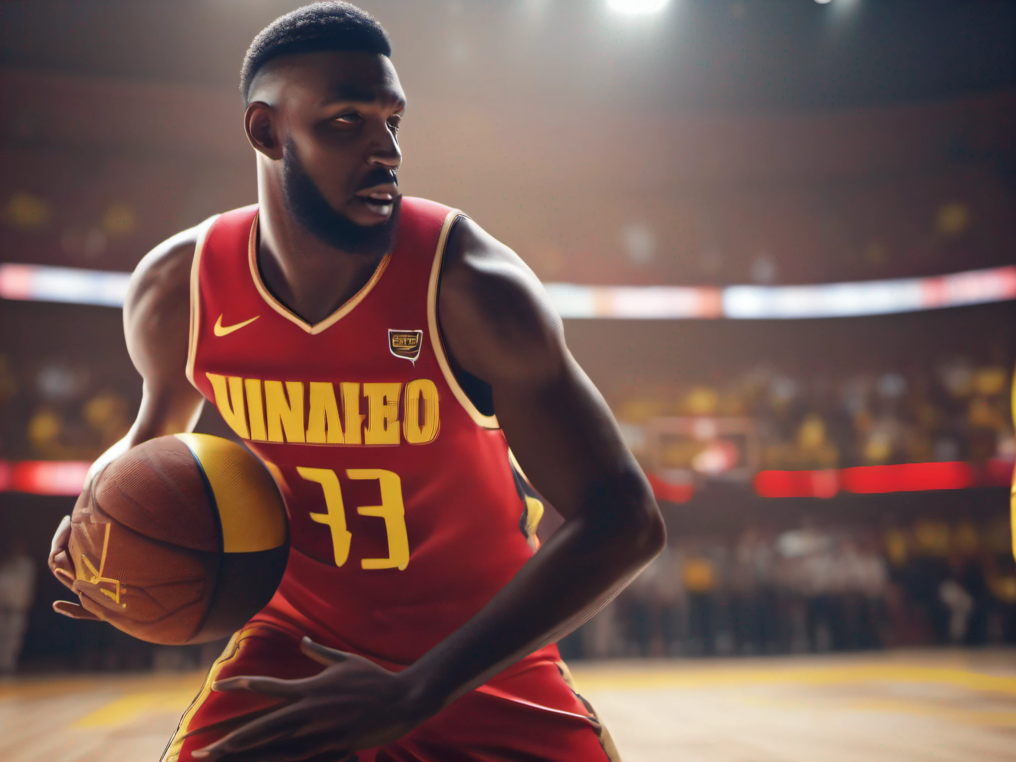 Utilizing the Unreal Engine, generate a visually cinematic sports photography of a basketball player (wearing red jersey and yellow accent) making a 3 points attempts during the final seconds of the match, in rich detail and textures. Volumetric lighting with ray tracing, sharp visuals, 16K resolution, cinematic lighting and screenshot, bokeh background with noise mimicking an actual images shoot on film camera.