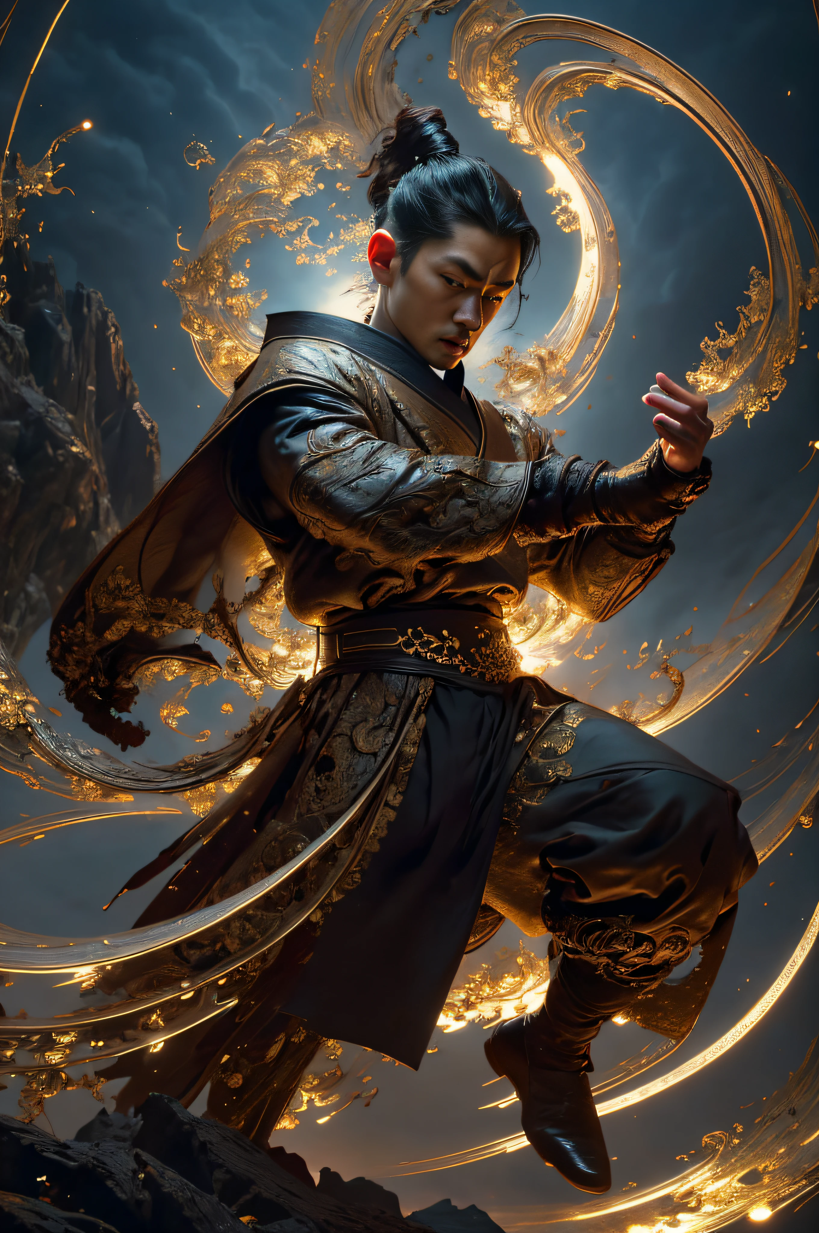 Best Quality, Masterpiece, Ultra High Resolution, (Realistic: 1.4), Xiuxian, Weapon, Detailed Face, .1 Boy, Solo, Weapon, , (Magic Circle: 1.2), Xiuxian, Upper Body, Sheath, (Absurd, High Resolution, Ultra Detailed), Asian, 1 male, eighteen-year-old boy, handsome, tall muscular man, broad shoulders, very short hair, bottom cut, dark brown eyes, fine eyes and detailed face, extremely detailed CG Unity 8k wallpaper, intricate details, (style swirl magic: 0.7), looking at the audience, solo, (full body: 0.6), detailed background, detailed face, hair fluttering in the wind, martial artist, dynamic pose, battle stance, clenched fists, fingerless gloves, wristband, dragon theme costume, monk robe, alpine mountain background, rotating floating particles, dynamic composition, hanfu, jinshan, jinshan background, jinshan background, jinshan, golden water flowing, big muscles