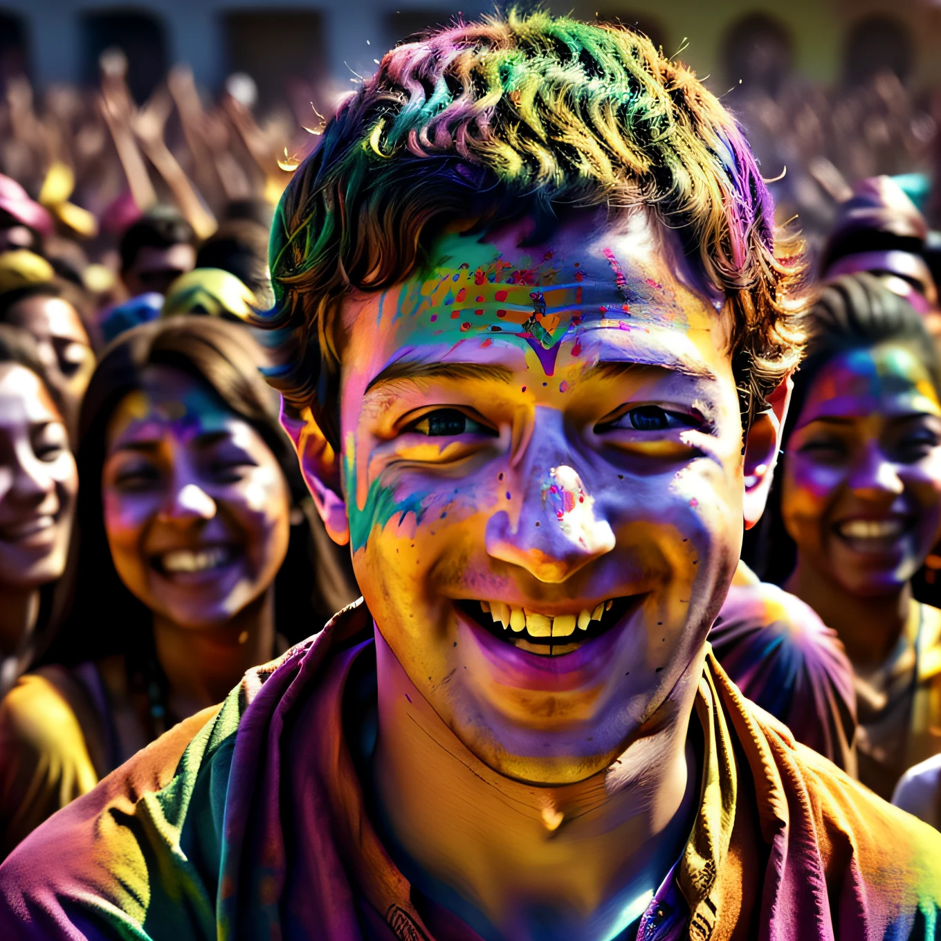 mark zuckerberg in a crowd of people, * colour splash *, holi festival of rich color, with a happy expression, festival of rich colors, a still of a happy, smiles and colors, archan nair, joyful look, happy and spirited expression, cheerful expression, prize winning color photo, being delighted and cheerful, cheerful atmosphere