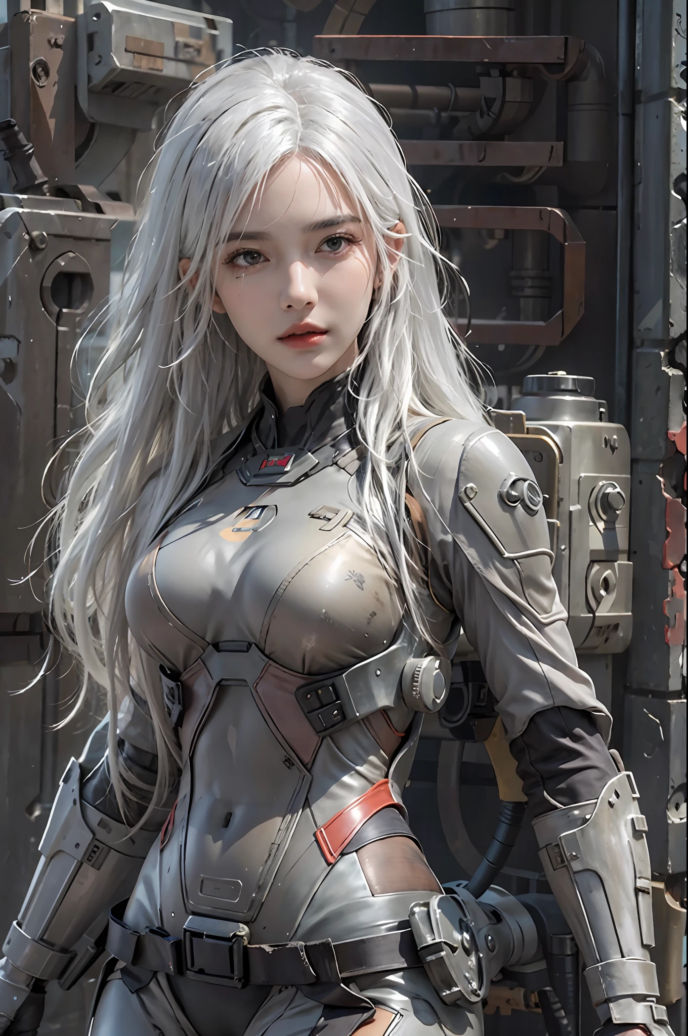 photorealistic, high resolution, 1women, solo, hips up, look at viewer, (detailed face), white hair, long hair, fallout, chinese stealth suit