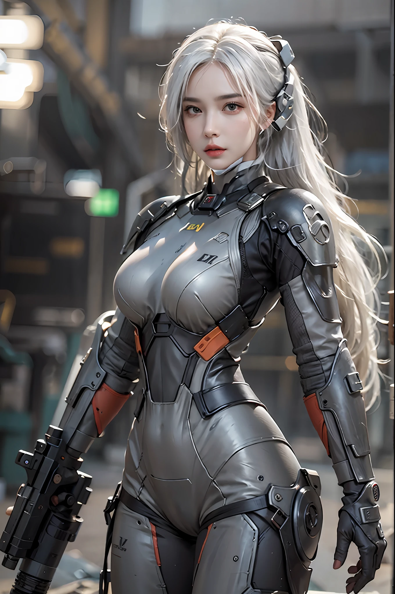 photorealistic, high resolution, 1women, solo, hips up, look at viewer, (detailed face), white hair, long hair, fallout, chinese stealth suit