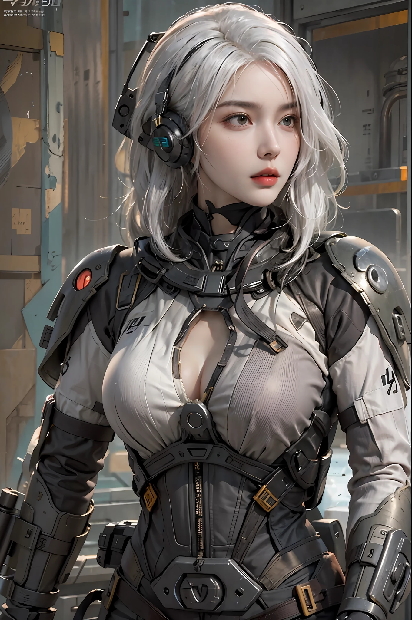 photorealistic, high resolution, 1women, solo, hips up, look at viewer, (detailed face), white hair, long hair, fallout, chinese stealth suit