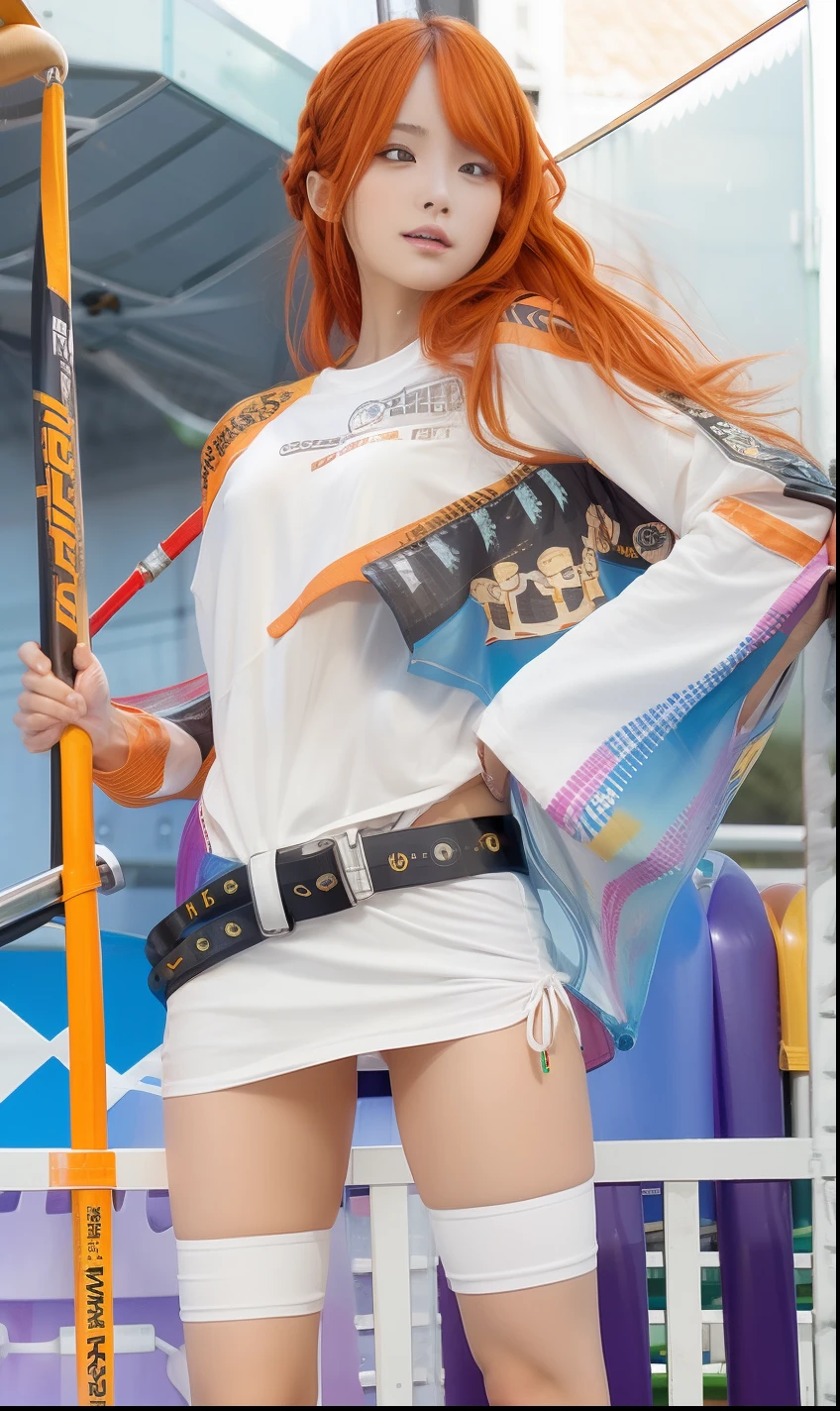 1girl, nami, pirates, brave, long hair, orange hair, white t-shirt, realistic, ultra detail, 77mm lens