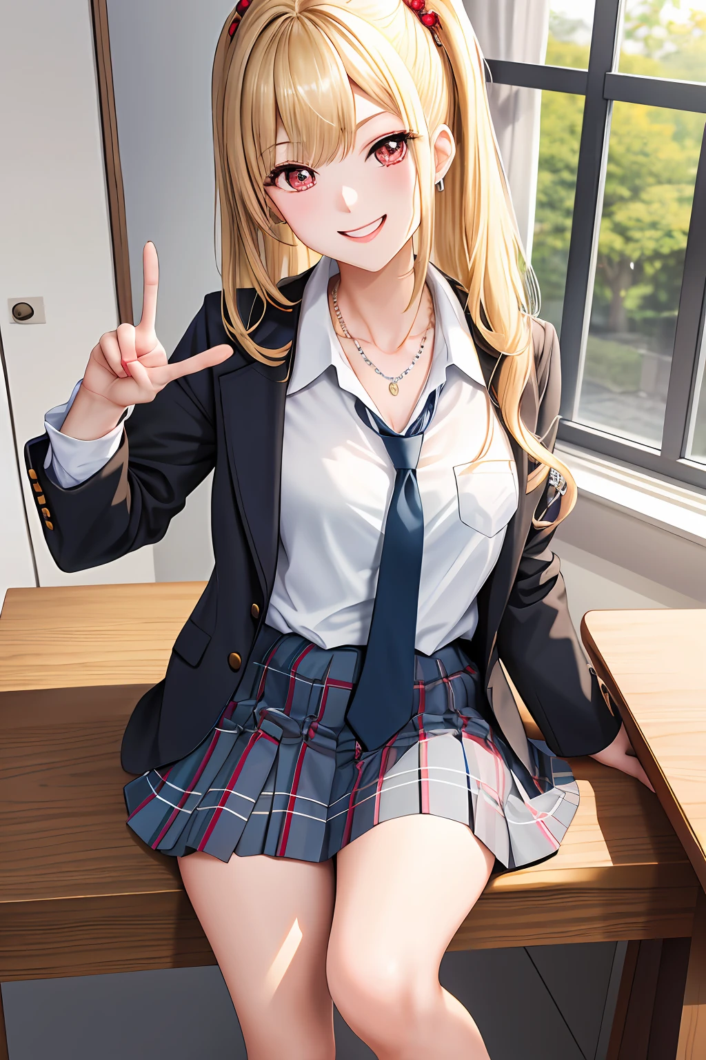 tmasterpiece，highest  quality，8k resolution CG image，Kitagawa Marin style，1 blonde girl，red eyes，Jewelry accessories，School uniform and lace-up shirt，Wearing a plaid skirt，Wear a black necklace and blue tie，Tilt your body naturally，Grinning，Accompanied by a peace sign。