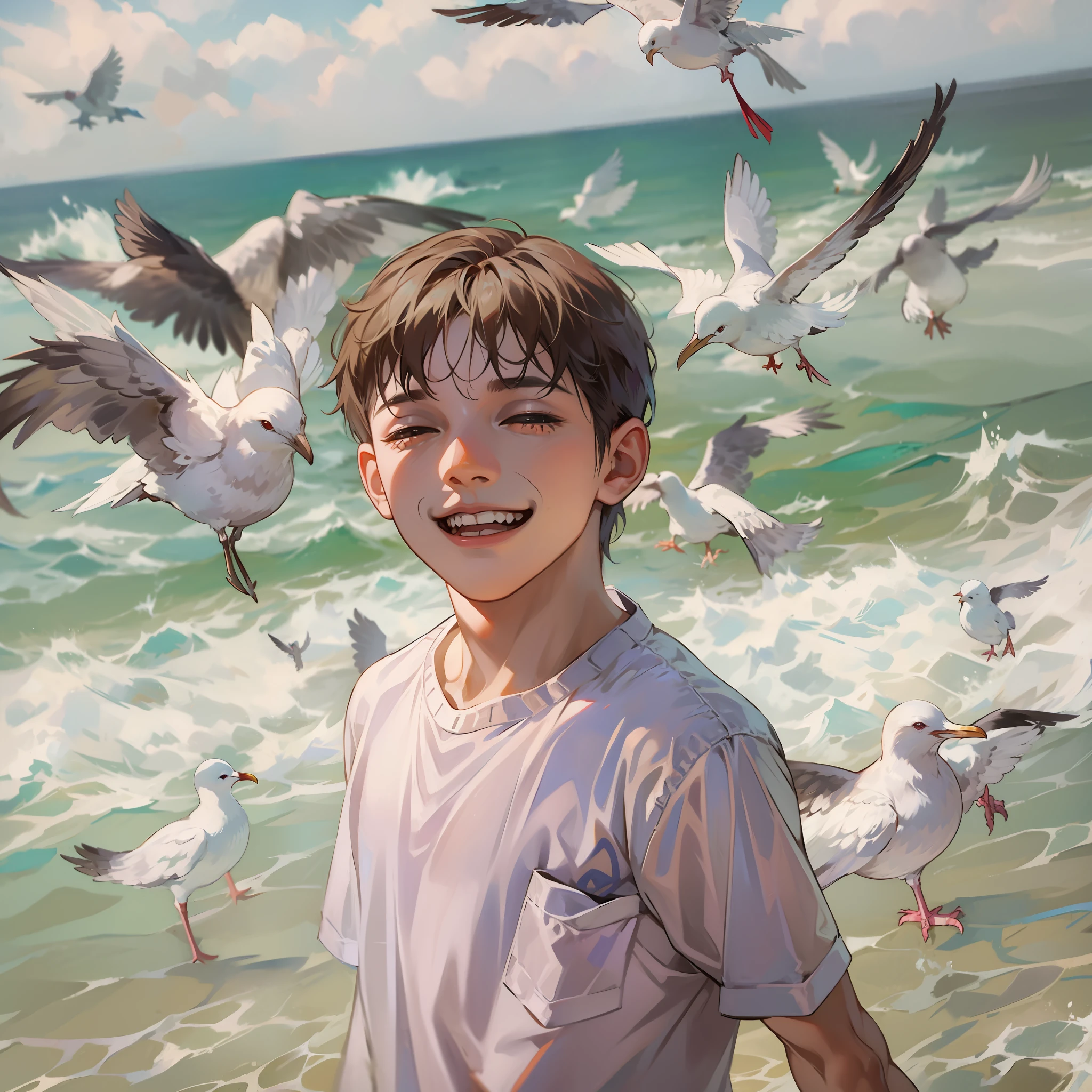 A smiling boy on the beach,There are seagulls