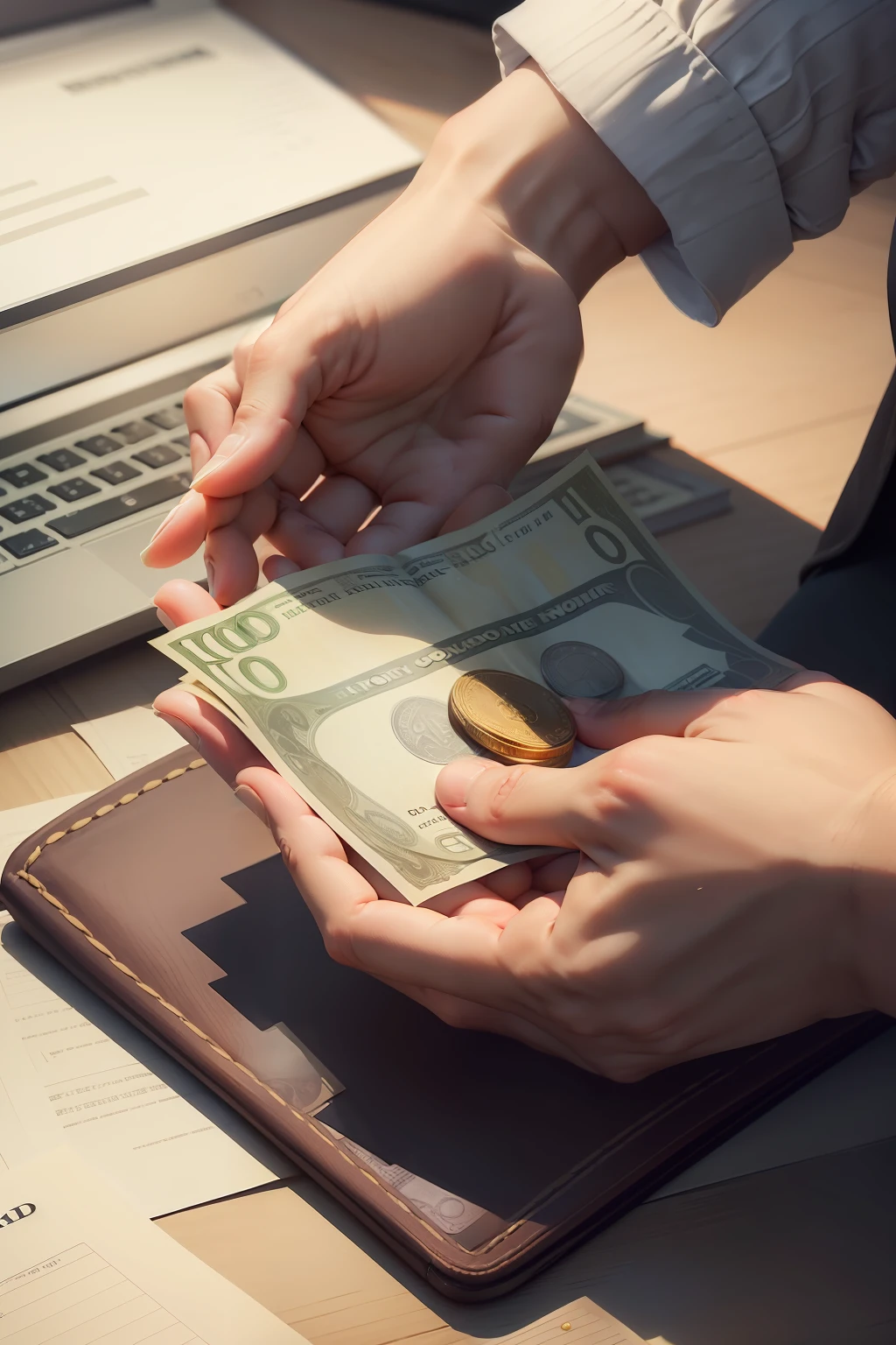 A hand holding a large amount of money, com notas de diferentes valores. The scene is captured in a close-up, highlighting the texture and vibrant colors of banknotes.
The hand is carefully positioned, conveying a sense of pride and achievement while holding so much money. Notes are organized and well aligned, demonstrating care and responsibility towards money.
The lighting is soft, emphasizing the details of the banknotes and enhancing the metallic sheen of the coins that are also present in the hand.
Ao redor, You can see other elements that indicate prosperity and financial success, such as a leather wallet or a bank statement.
The image is represented in a photographic style, Using a professional camera with macro lens to capture the smallest details of the notes and the hand. The photo is carefully composed, highlighting the material wealth and sense of abundance that the hand holding so much money conveys.
This depiction of the hand with lots of money conveys the idea of prosperity and financial success. The scene emphasizes financial achievement and the importance of caring for and valuing money, as well as the feeling of accomplishment that can come from achieving significant financial goals.