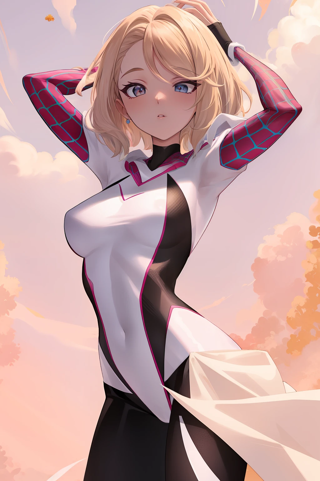 (obra-prima, melhor qualidade), detalhes intrincados,
1girl, cabelo loiro, cabelo longo, blonde hair with pink gradient, Mulher Aranha, uniforme de mulher Aranha branco com detalhes rosa e vermelho, middlebreasts, mascara branca com detalhes vermelho, spider symbol on breasts, uniforme de mulher Aranha, super heroine,