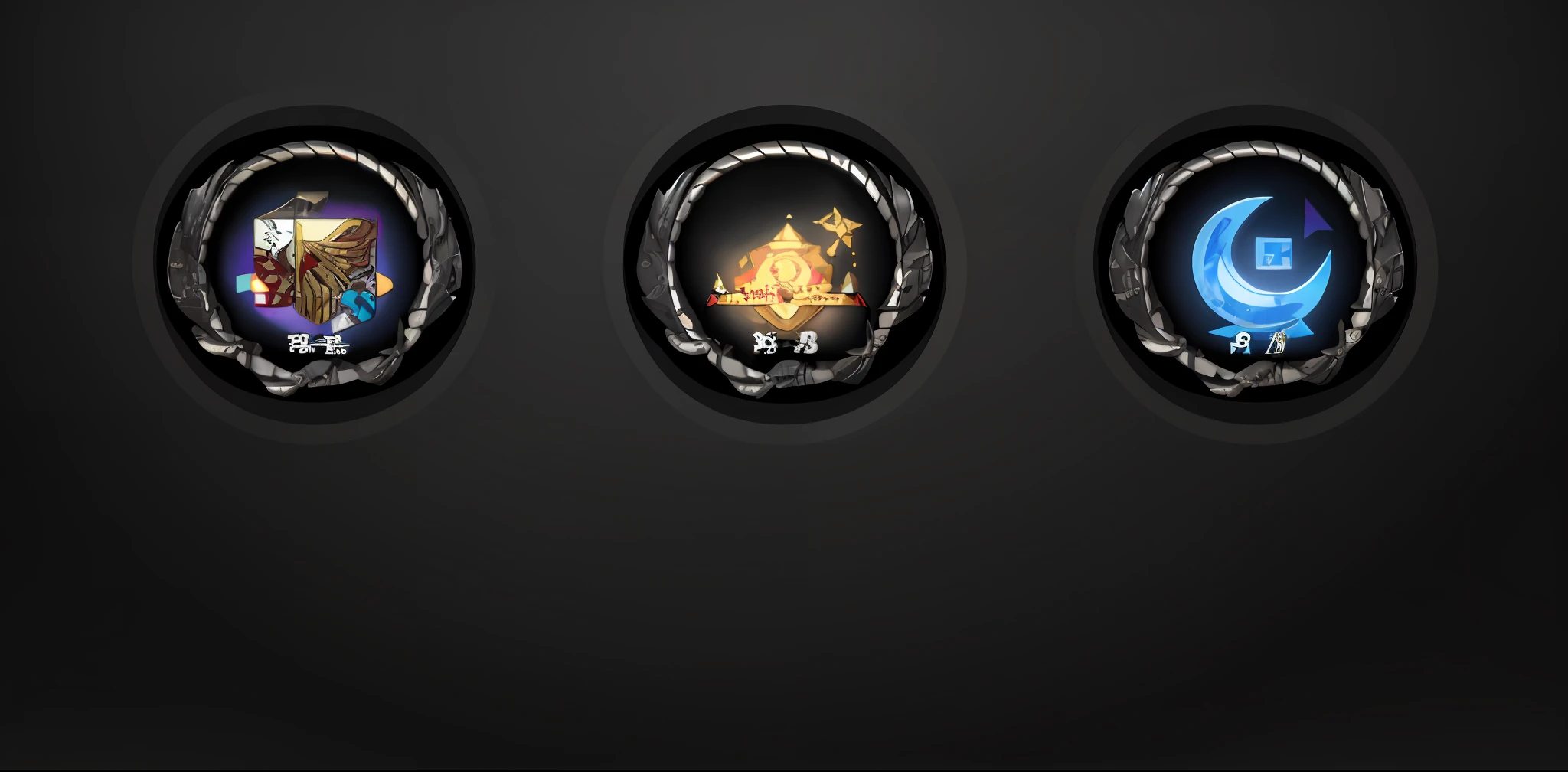 Three different league badges are displayed on the wall in succession, game icon asset, hearts of iron portrait style, 3 d icon for mobile game, masterpeice, loadscreen”, hearts of iron portrait, game icon stylized, gameicon, Awarded, insane quality, royal insignia in background, Game icon, nipple play, medallions, insignia, author:Darken
