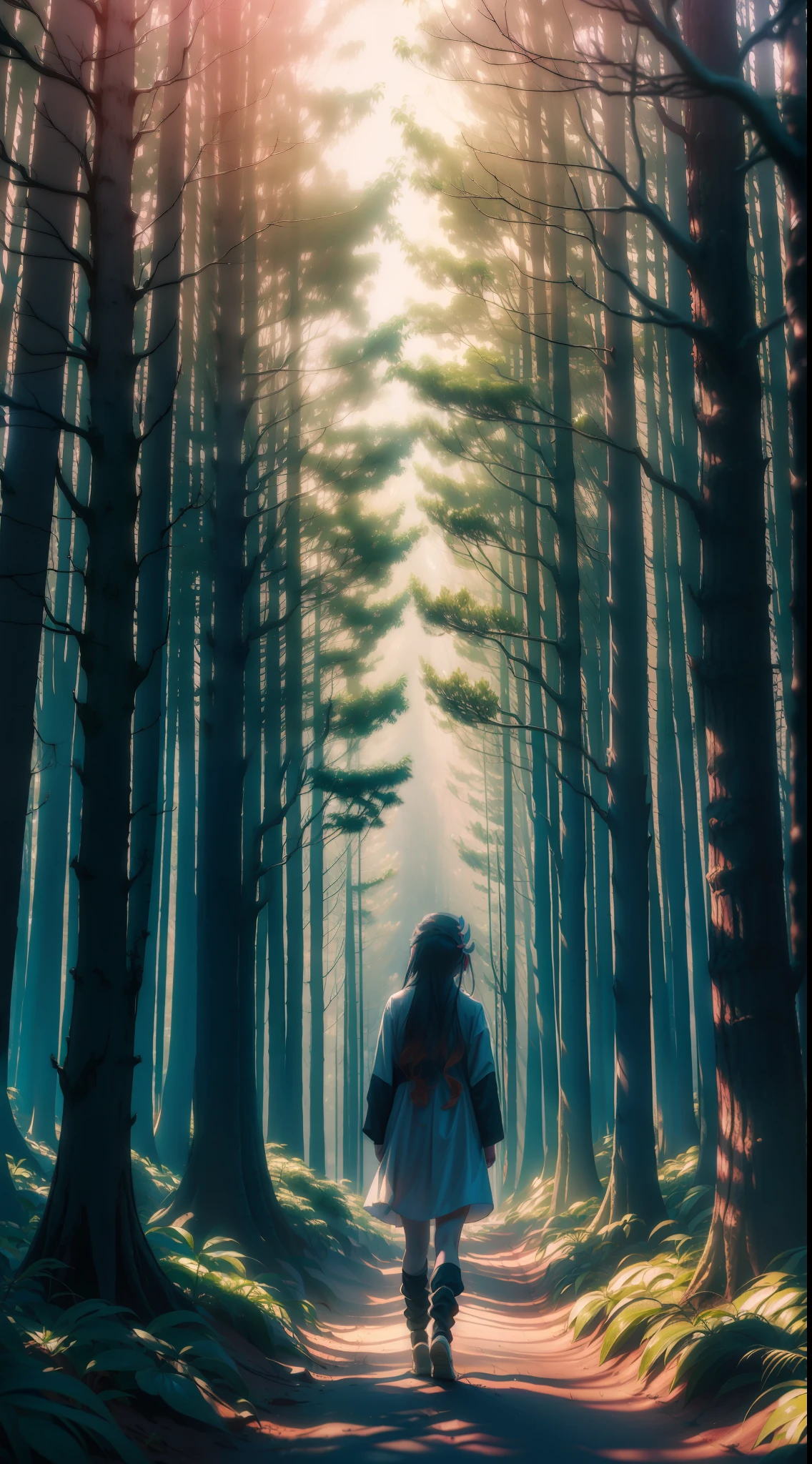 "Anime character Nezuko walking in a beautiful forest."