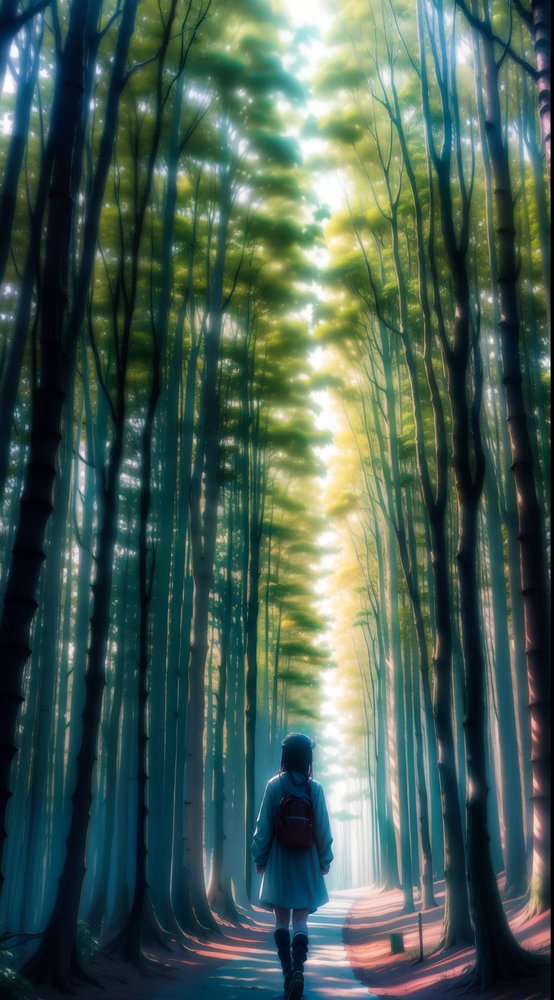 "Anime character Nezuko walking in a beautiful forest."