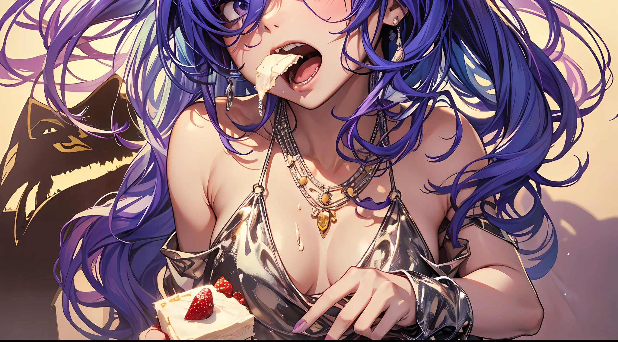 It is the left hand grasping a large piece of cake about the size of the palm of your hand with your bare hands,Turn a little inward in your own direction,Not so generous to grab the cake。
At the same time, because his hair was stained with cream, he was gently wiping his cheeks with the small arm of the same hand(It's a bit like a cat washing its face),Head low,The hair strands are a little wet,But eyes look at the camera,With his right hand, he squeezed a small piece of peeled cake and fed it to the camera,The mouth is still slightly open,It was as if she could be heard shouting『aaaaaaaaaax~~aaaaaaaaaax~~~Mouth open~~』