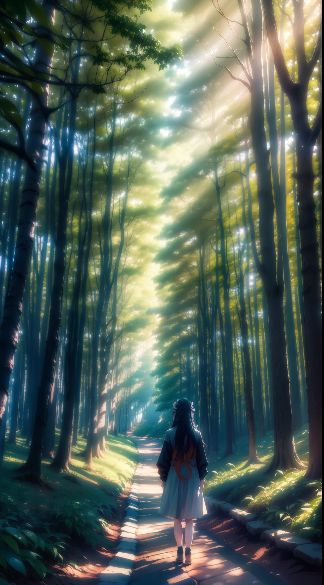 "Anime character Nezuko walking in a beautiful forest."