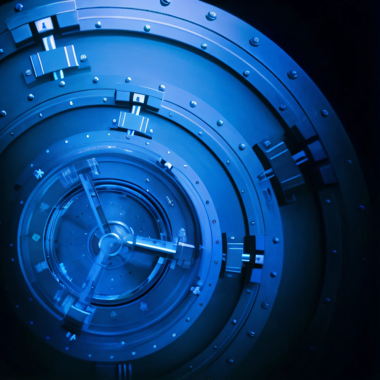 Close up of large metal bank vault with clock, open bank vault, Vault, Open the vault, giant crypto vault, set in bank vault room, blockchain vault, set in cyberpunk bank vault, Everything is in a circle, All in a circle, blue circular hologram, Lock, round doors, close up portrait shot, key hole on blue ball