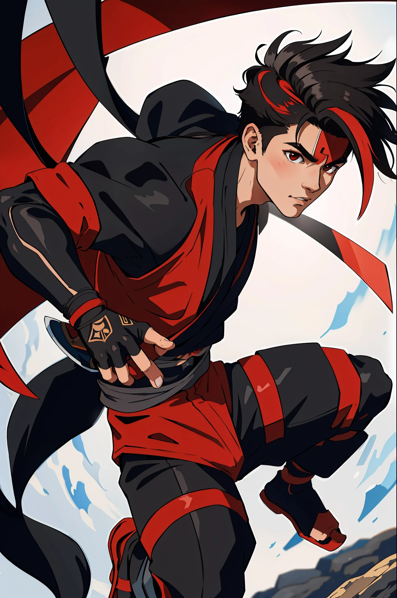Masterpiece, 8k, ultra detailed, young boy, ninja, black hair with red highlights