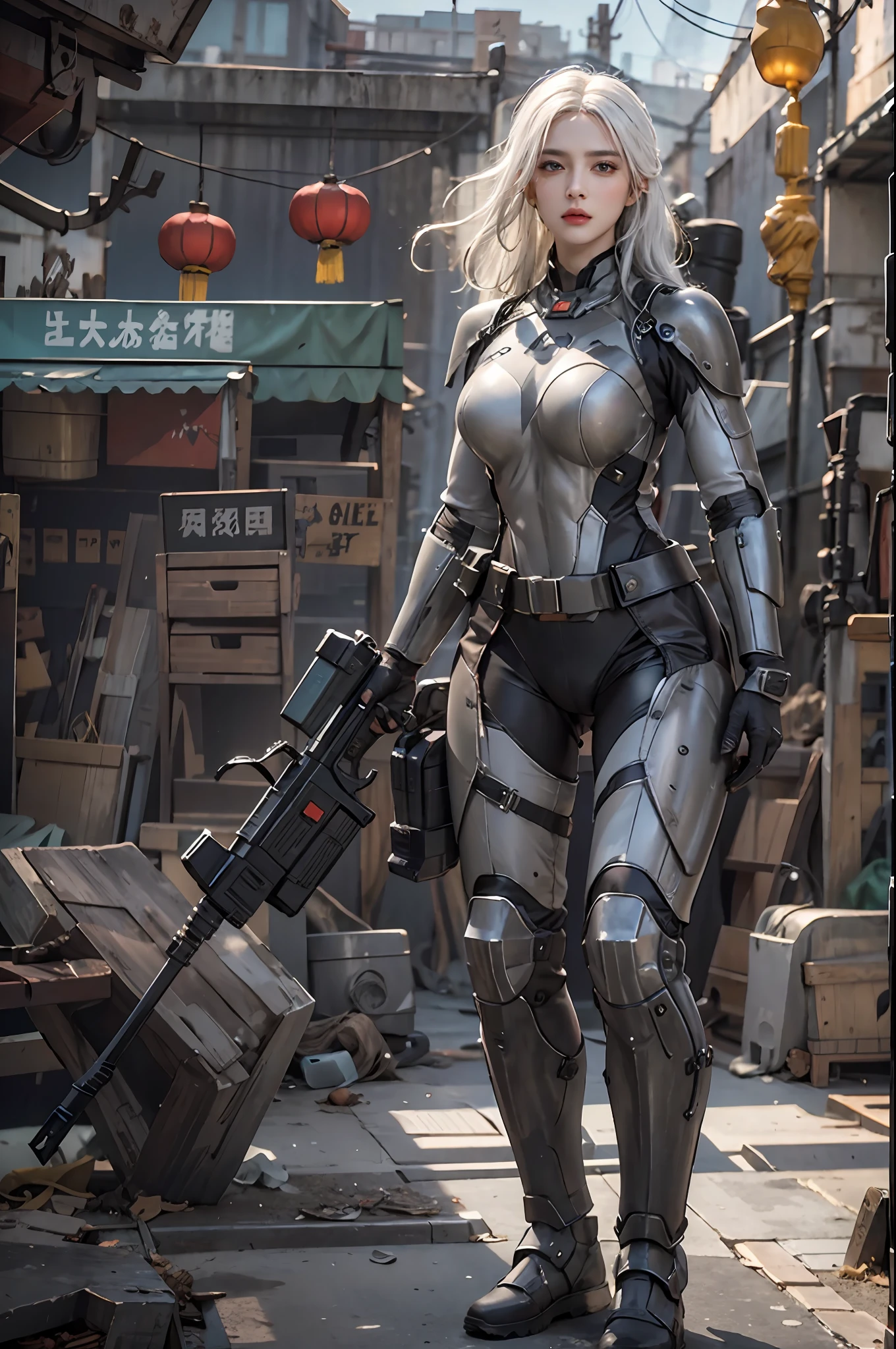 photorealistic, high resolution, 1women, solo, hips up, look at viewer, (detailed face), white hair, long hair, fallout, chinese stealth suit