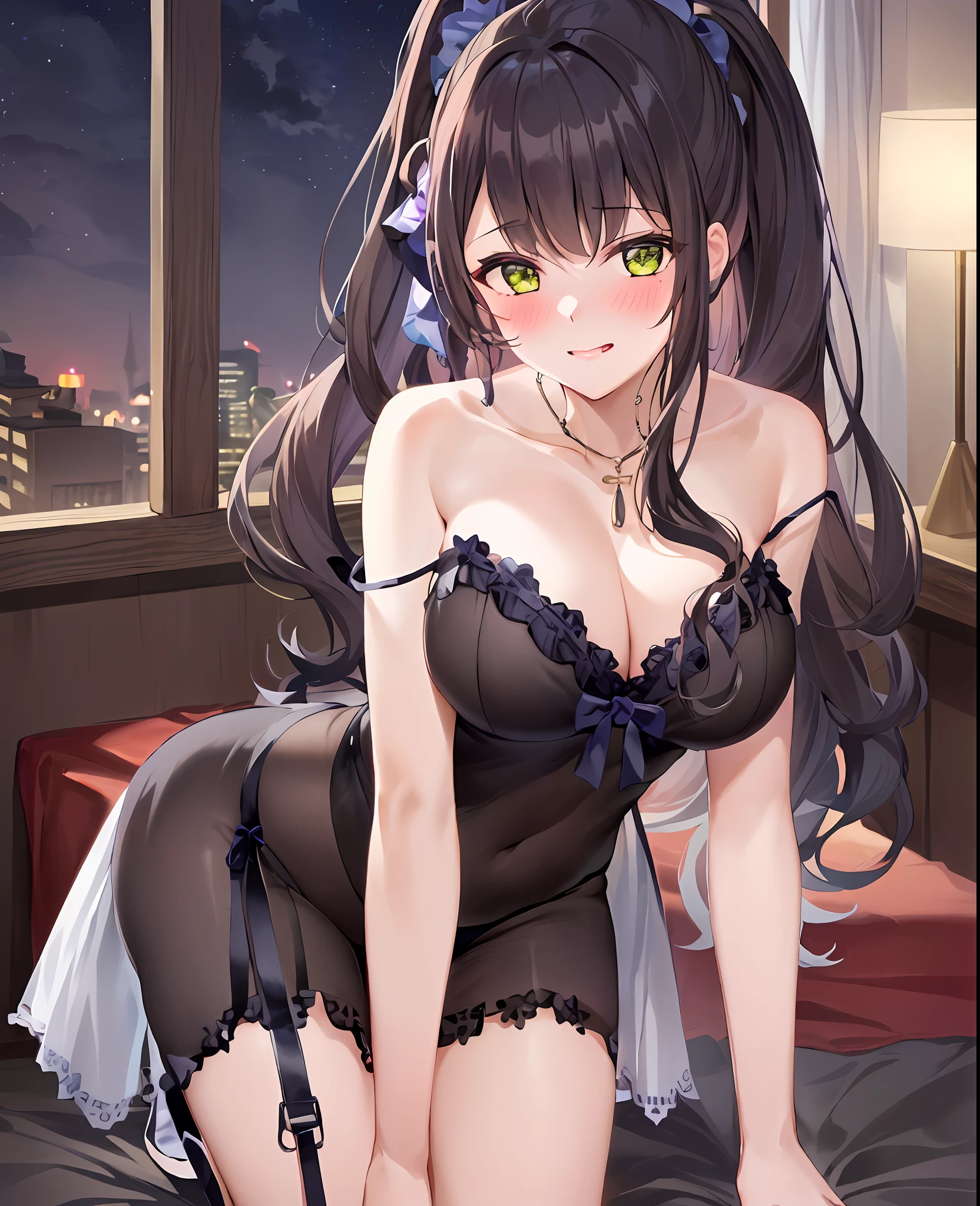 1girl in, 独奏, (an lingerie),, A slight smil, (red blush:1.2), sitting on a bed, (grabbing on breasts:1.0),seductiv,cabelos preto e longos,inside in room,dark ilumination,Hajirai