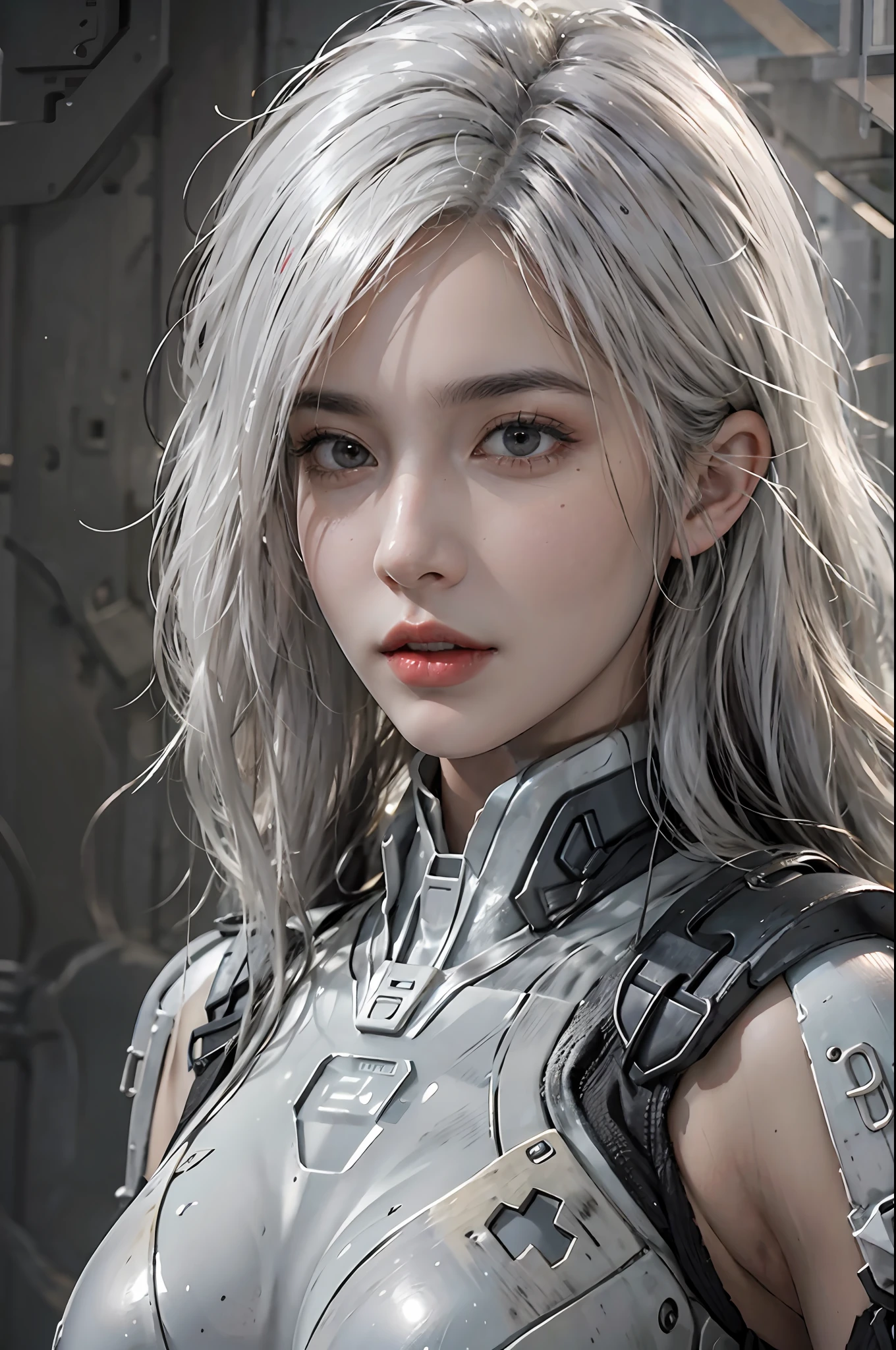 photorealistic, high resolution, 1women, solo, hips up, look at viewer, (detailed face), white hair, long hair, fallout, chinese stealth suit