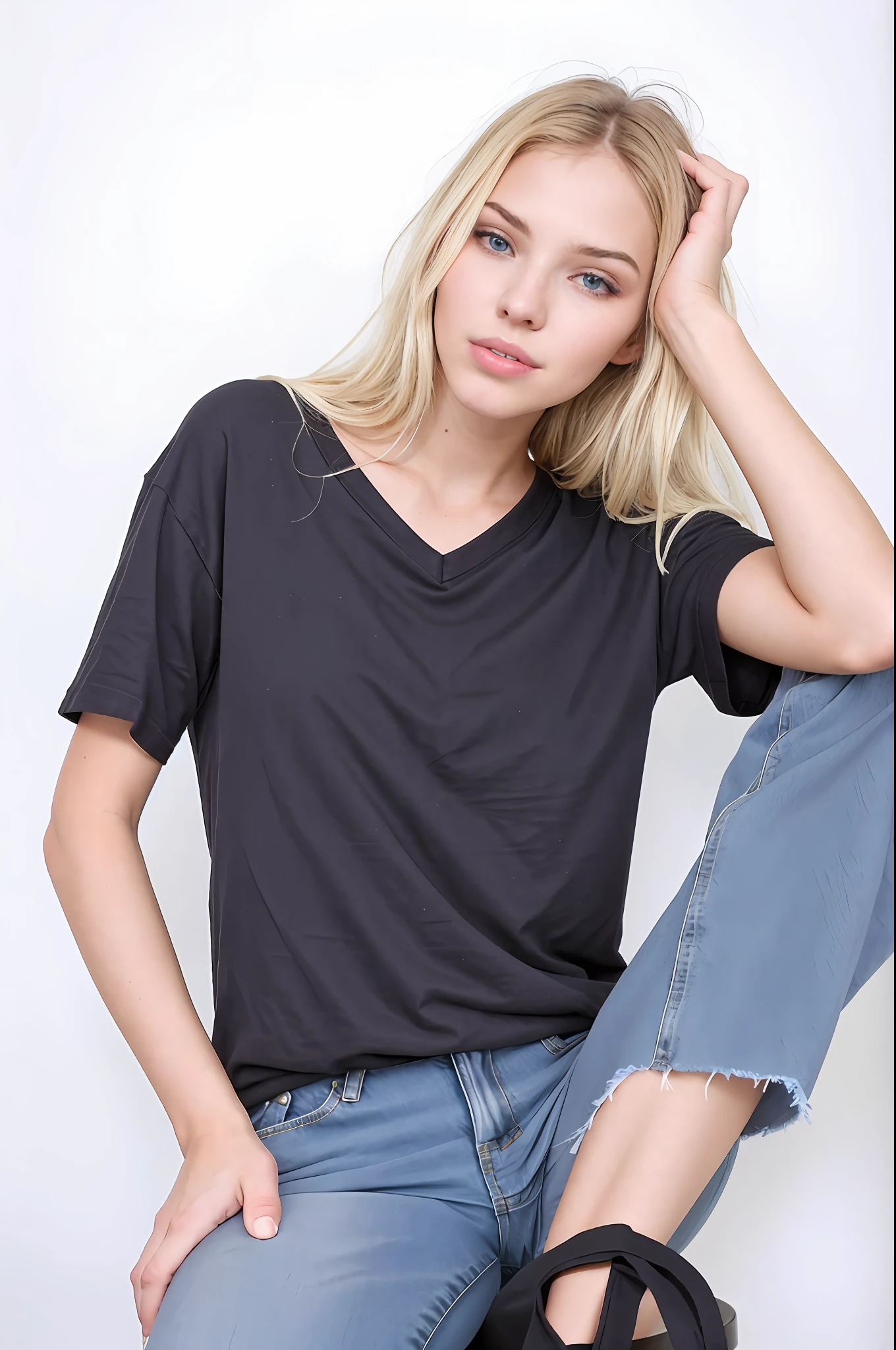 Beautiful woman sitting on a stool with her hand on her head, pessoa jovem, jeans e camiseta, modelo sexy, muito bonita, camisa cinza, imagem de perfil, vestindo uma camiseta, 2 Modelo feminina de 4 anos