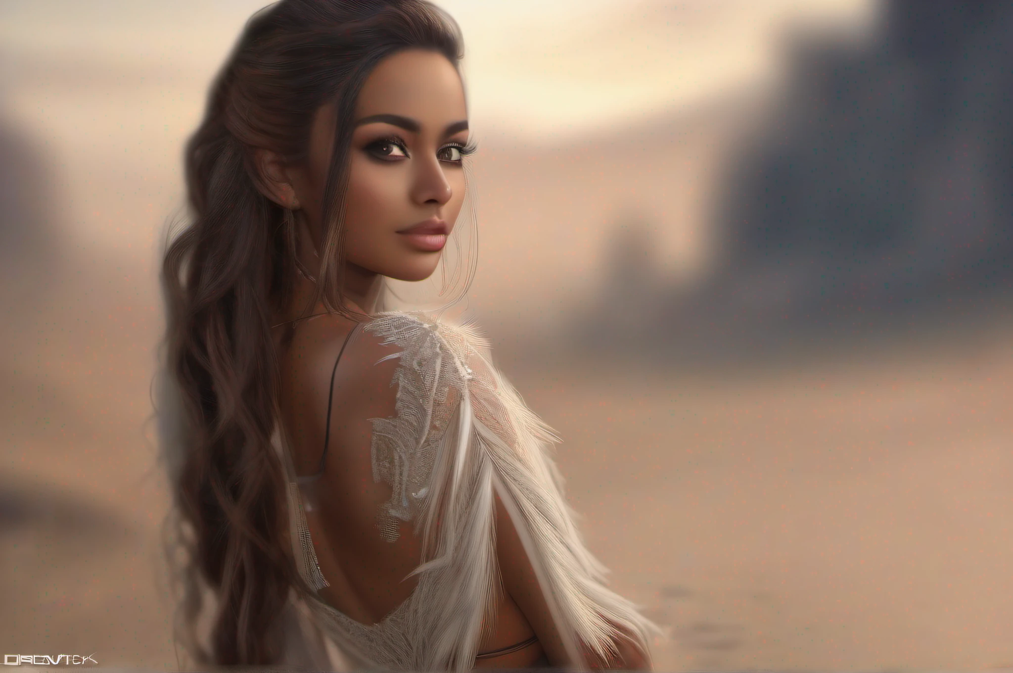 best quality, ultra high res, (photorealistic:1.4), masterpiece, 1girl, brown skin color, brown_eyes, from_behind, fur_trim, hair_over_one_eye, lips, long_hair, make up, looking_at_viewer, looking_back, nose, photo_\(medium\), photorealistic, realistic, solo, teeth, upper_body