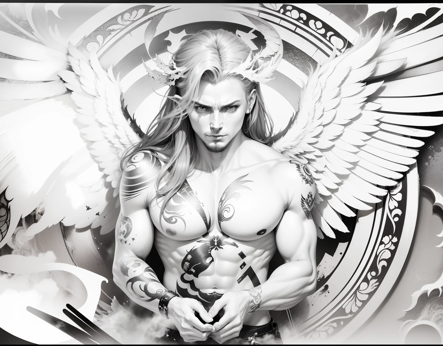 angel and demon with wings. tattoo style, black and white, white background